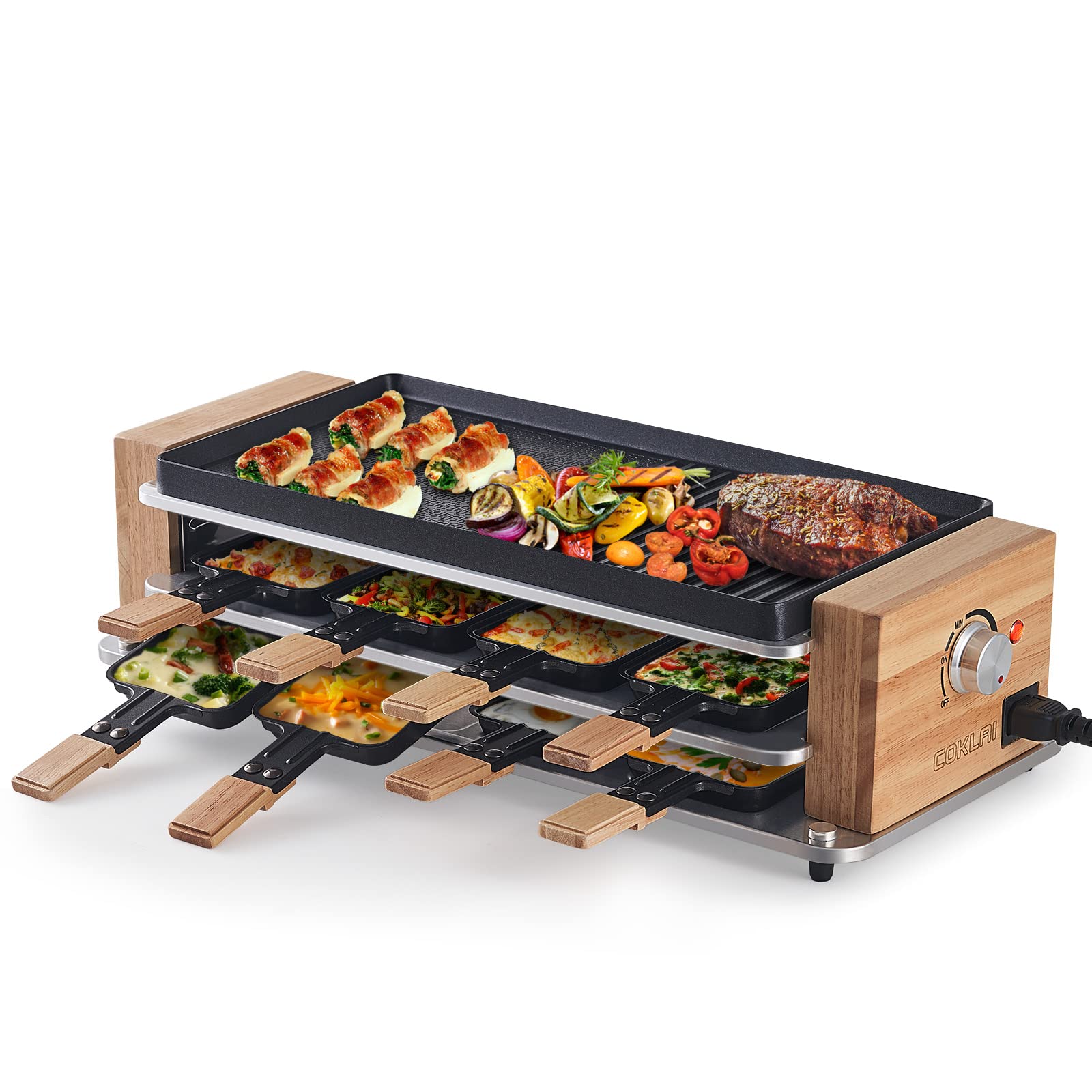 **COKLAI 3-Tier Electric Raclette Grill with 8 Cheese Melter Pans & Spatulas - Adjustable Temperature Control, Non-Stick Removable Plates, Dishwasher Safe - Perfect for Parties, Family Gatherings & Indoor Dining**