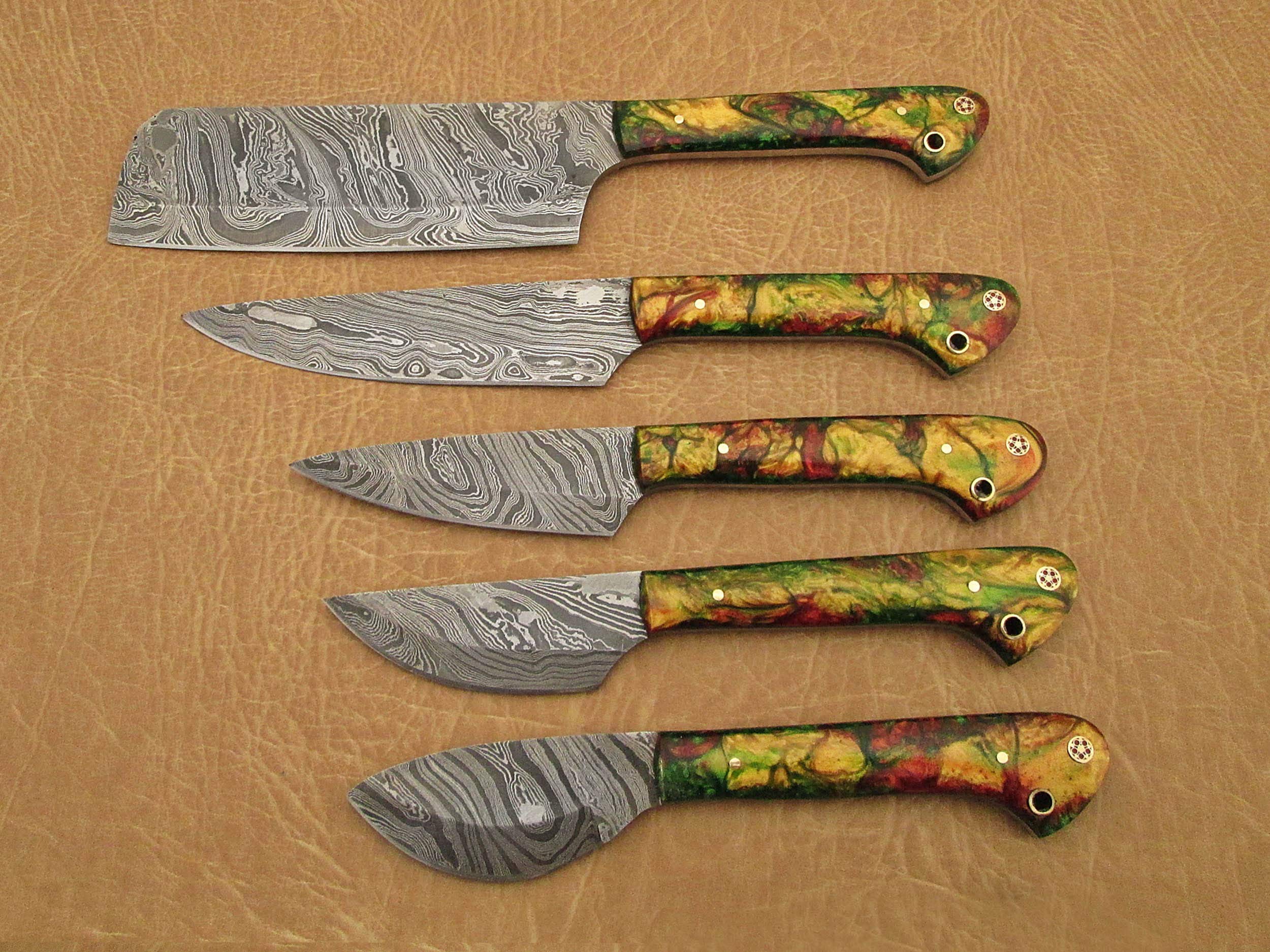 Premium 5-Piece Damascus Steel Kitchen Knife Set with Gift Box - Camouflage Orange Handle - 45