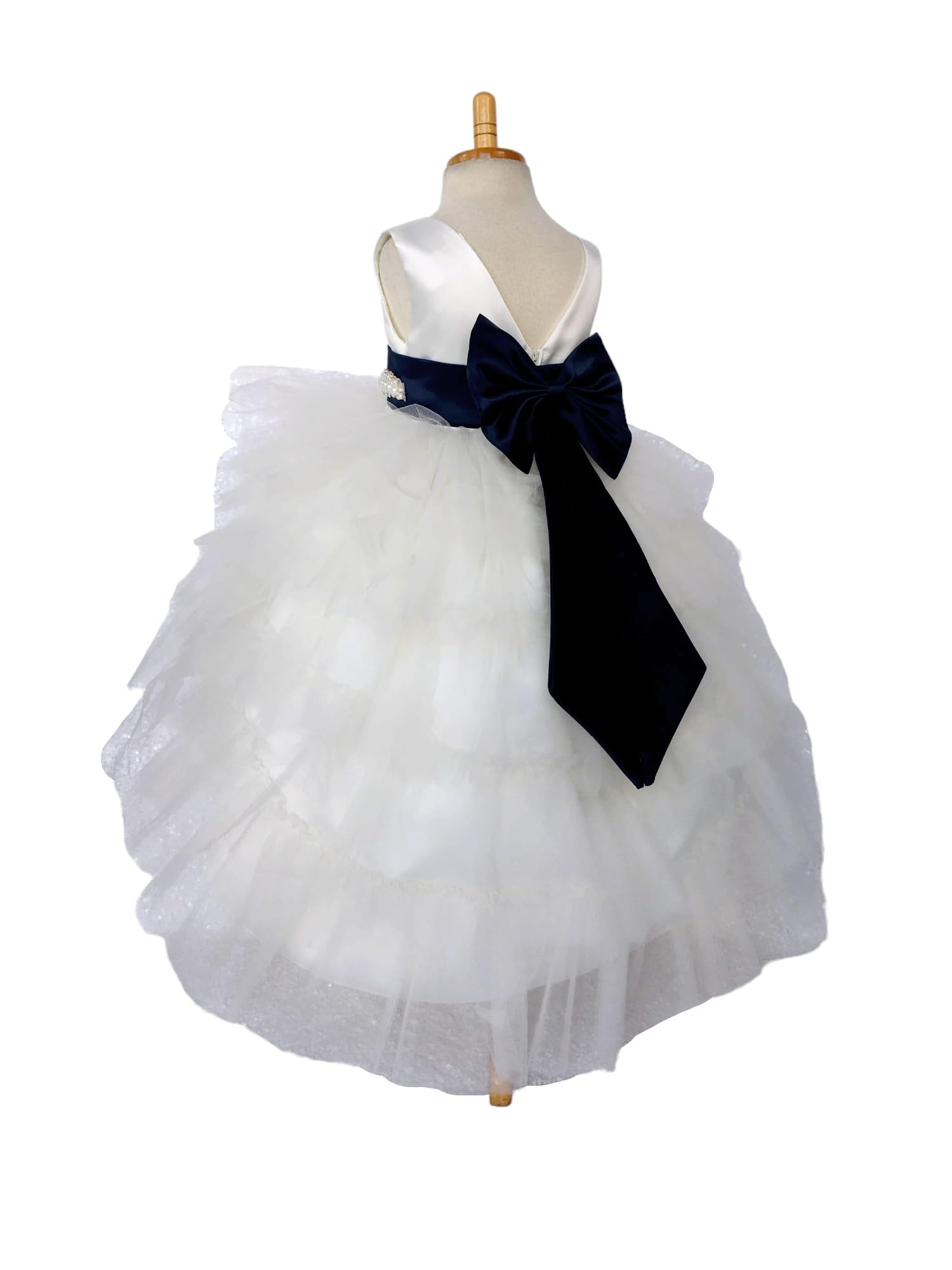 Ivory Sleeveless High-Low Tulle Flower Girl Dress with Ruffle Trim - Perfect for Weddings, Birthday Parties & Special Occasions (Size 8, Includes Navy Blue Accessories)