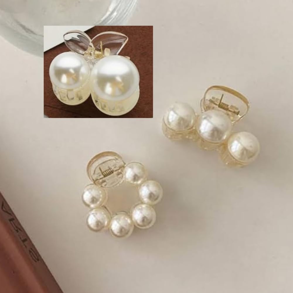 RSJ TRADERS Korean 3-Piece Big Pearl Hair Claw Clips - 4.5cm Plastic Hair Clips for Women, Strong Hold Barrettes for Thick & Thin Hair - Perfect for Updos, Ponytails & Everyday Styling