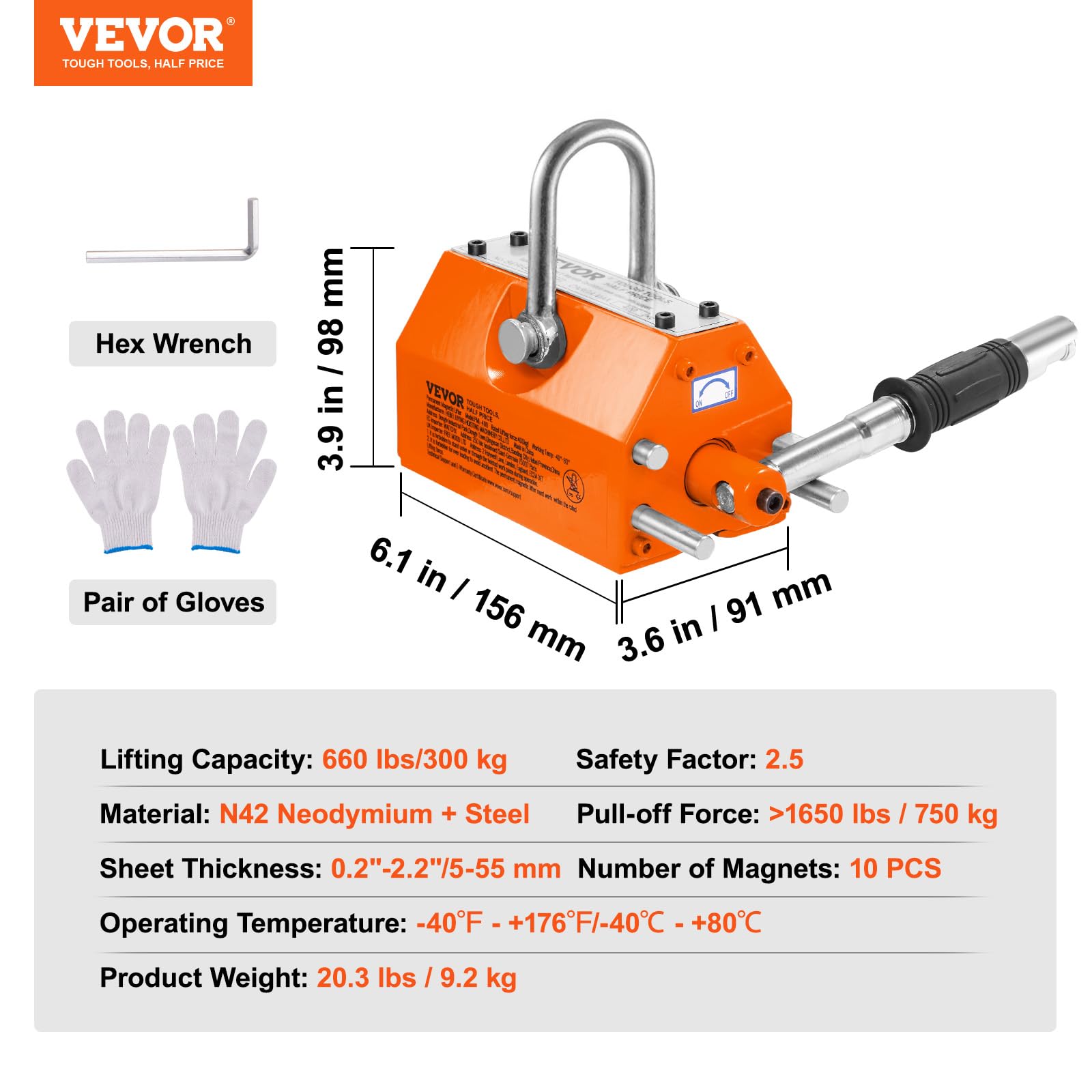 VEVOR 660 lbs Magnetic Lifter - 300 kg Pulling Capacity, 2.5 Safety Factor, Heavy Duty Neodymium & Steel Lifting Magnet with Release Mechanism - Perfect for Hoists, Shop Cranes, Metal Blocks, Wooden Boards & Industrial Material Handling