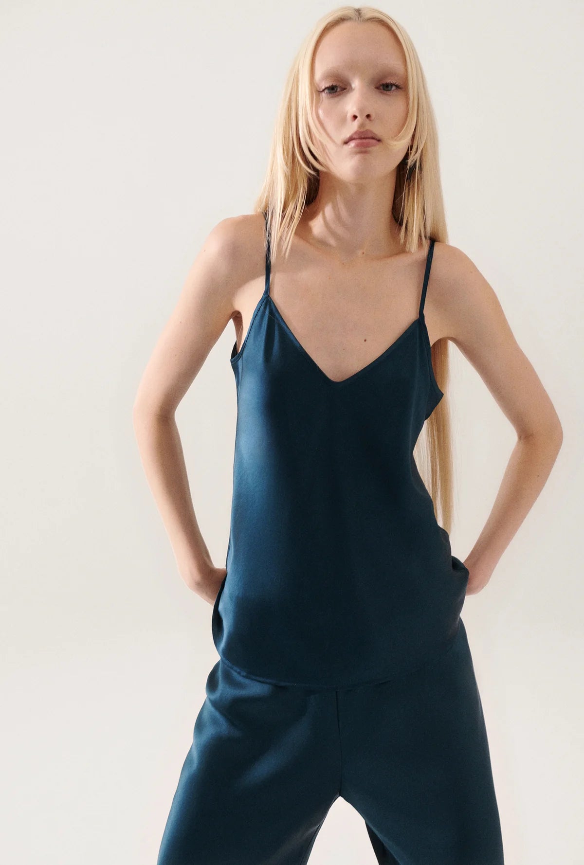BIAS CUT CAMI TEAL - Women's Flowy Sleeveless V-Neck Tank Top for Casual Wear, Summer Outfits & Layering