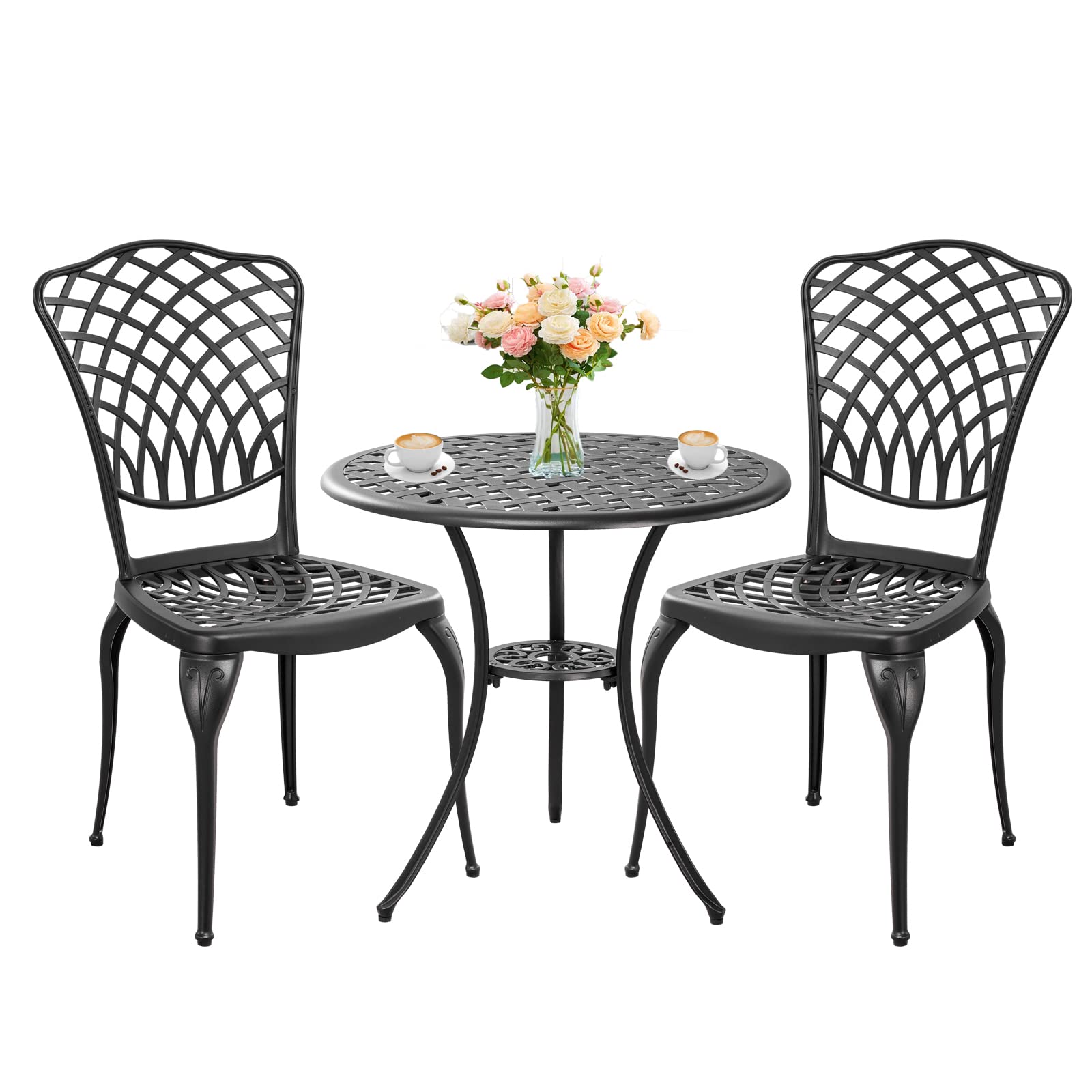 Black 3-Piece Cast Aluminum Bistro Set - Small Outdoor Patio Table and 2 Chairs with Umbrella Hole - Perfect for Front Porch, Garden, Yard & Balcony - Durable Woven Design for Relaxing & Entertaining Outdoors