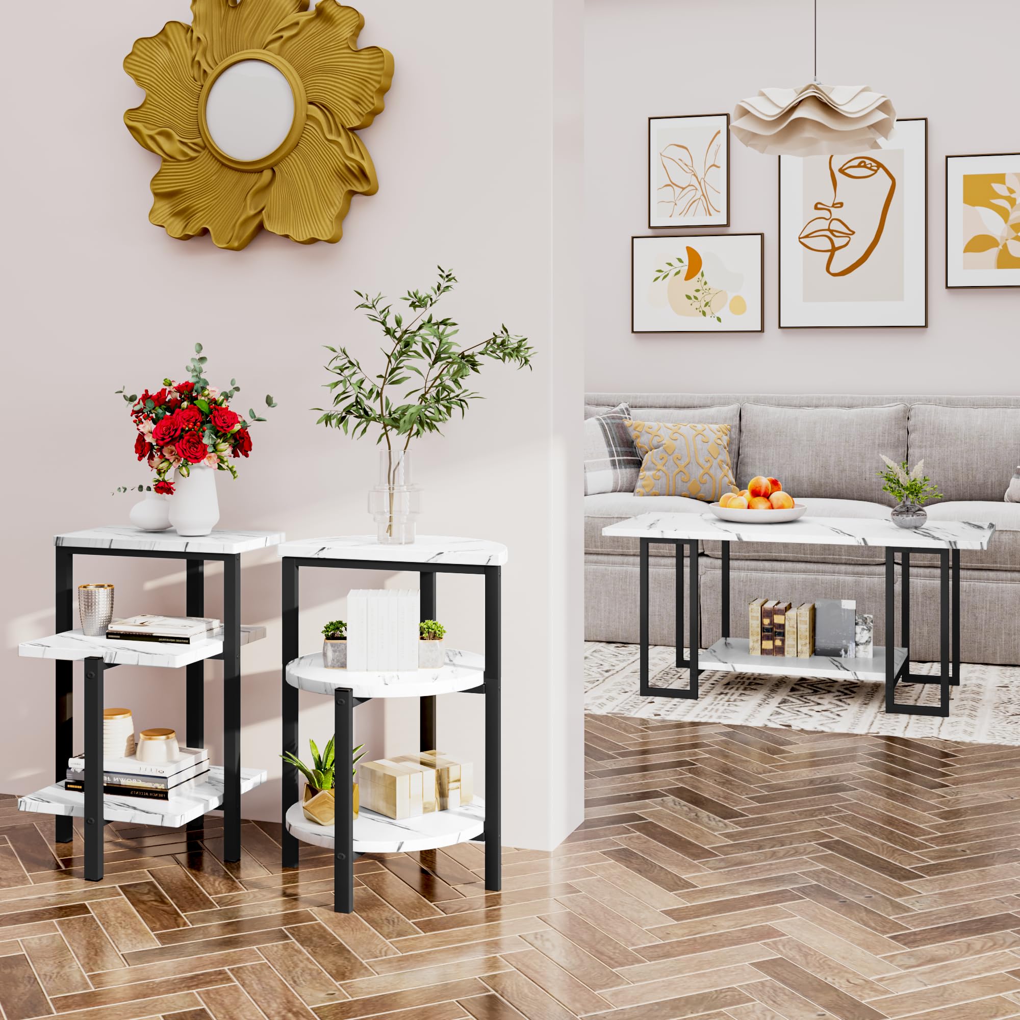 3-Piece Faux Marble Coffee Table Set - White Tabletop & Black Metal Frame Living Room Tables (Coffee Table + 2 End Tables) - Perfect for Modern Apartments, Small Spaces & Lounge Areas