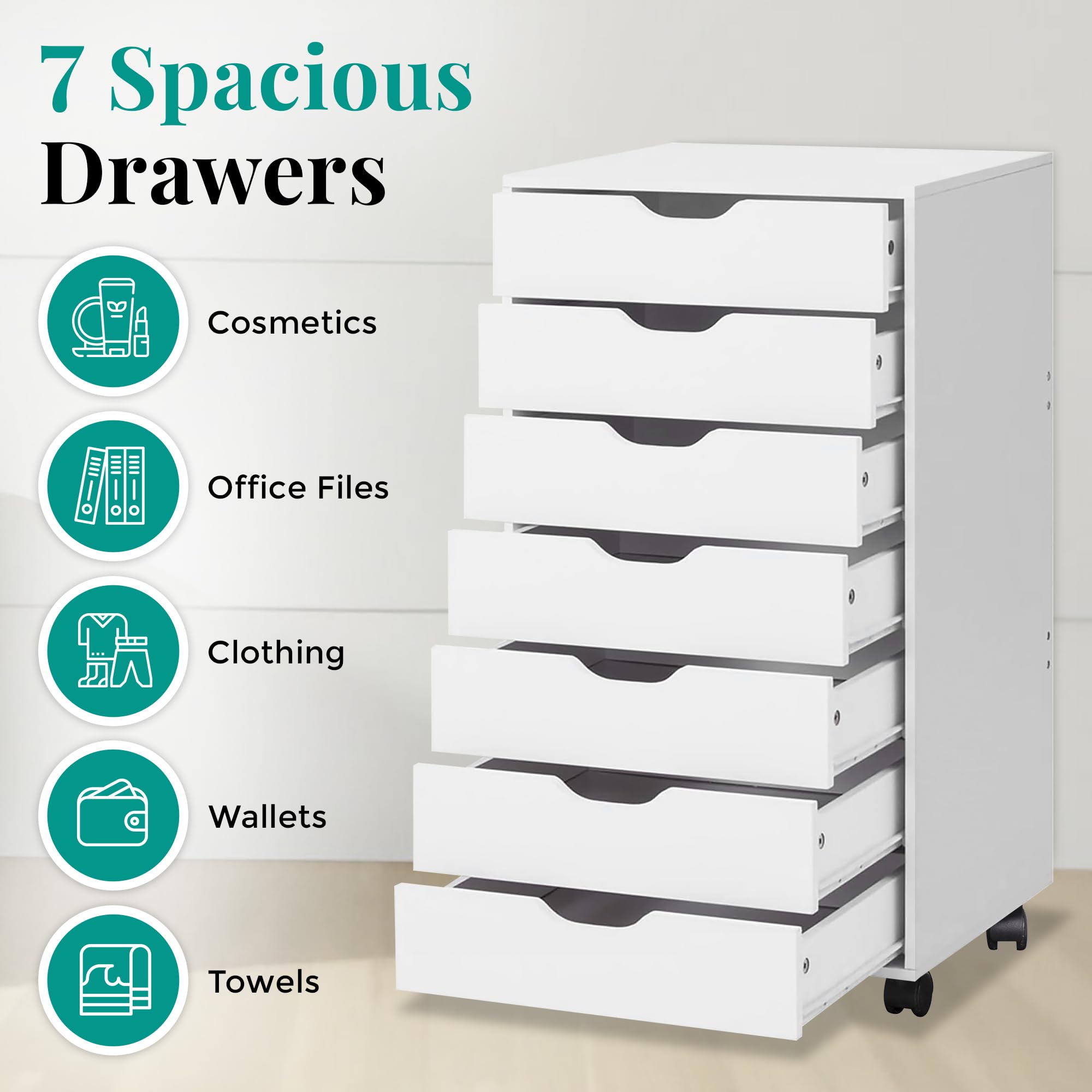 Naomi Home Debbie 7-Drawer Rolling Storage Cabinet - White | Versatile Craft & Office Organizer with Wheels | Perfect for Bedroom, Living Room & Home Office Storage Solutions