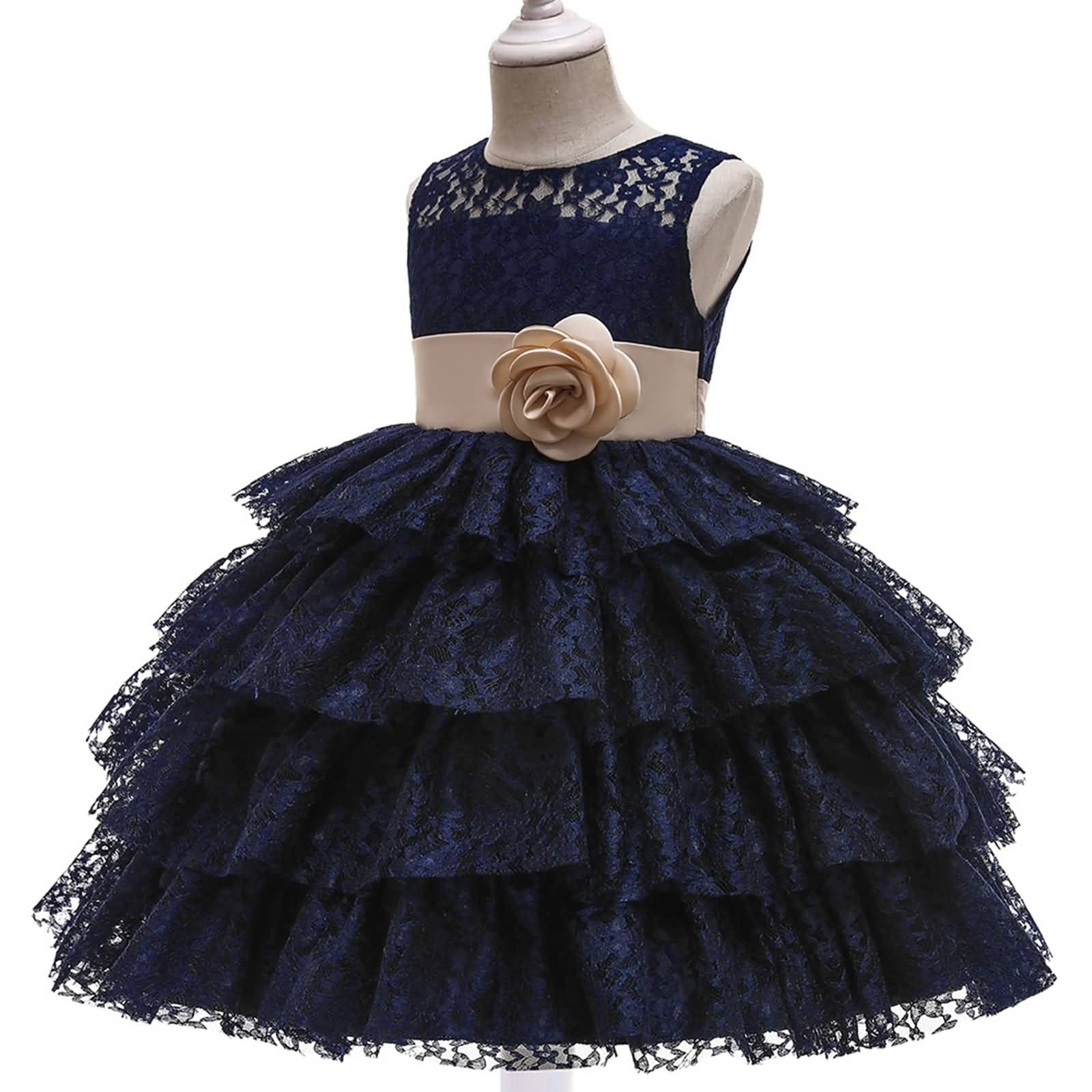 Gualiy Girls Navy Blue Lace Puffy Dress with Flower & Tie Waist - Birthday Party Gown for Ages 4-10 Years | Perfect for Special Occasions, Photoshoots & Formal Events