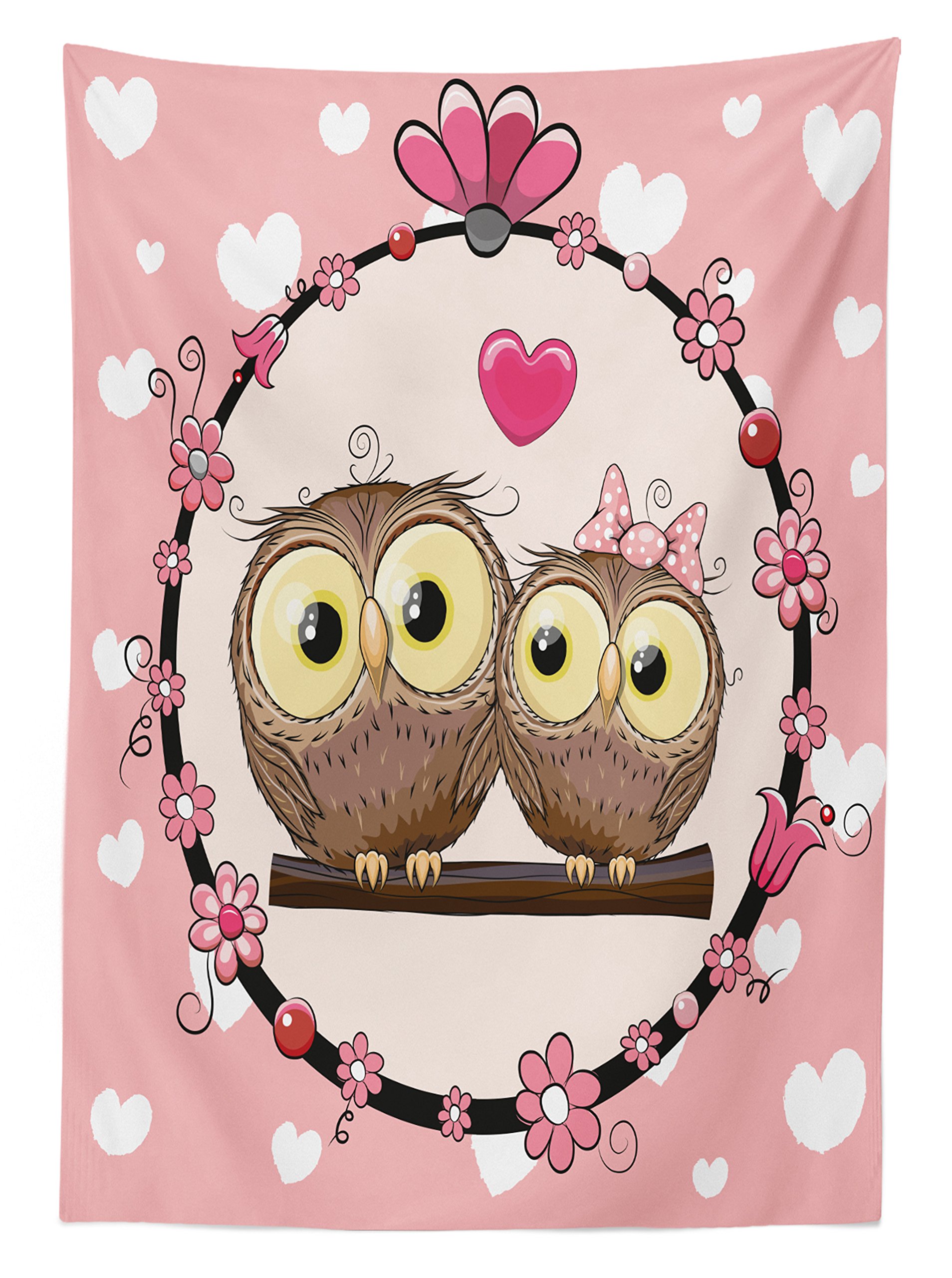 Ambesonne Owls Outdoor Tablecloth - Owl Couple on Tree Branch Floral Wreath Design, Washable Picnic Table Cover 58x120 Inches, Coral Brown & Pale Yellow for Garden Parties, BBQs, and Outdoor Celebrations