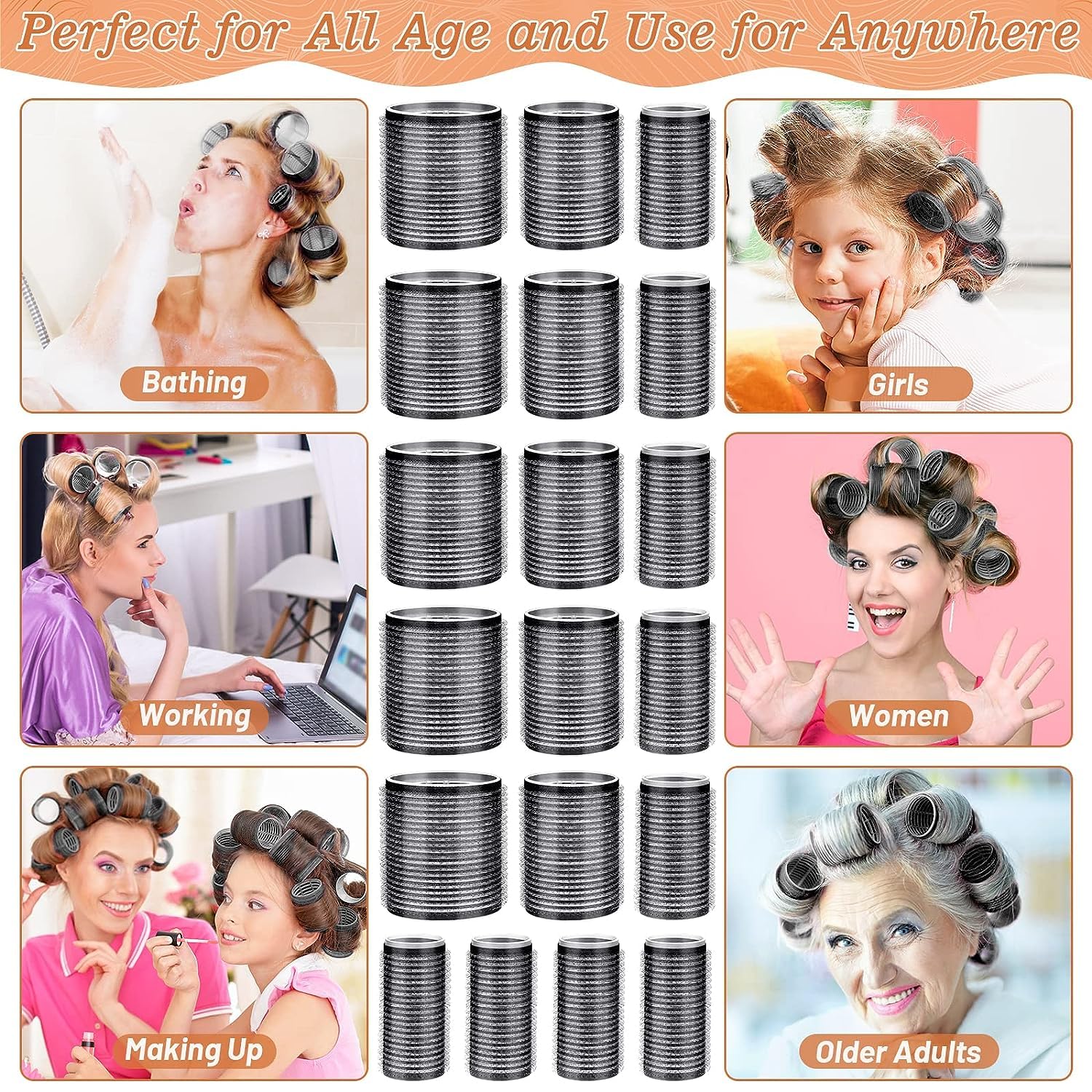 SIYAA Jumbo Heatless Hair Rollers Set - 24 PCS Self-Grip Curlers with 12 Clips (4 Sizes: Large/Medium/Small/Jumbo) for Long, Short, Thick & Fine Hair - Perfect for Overnight Styling, Salon Results at Home & Special Occasion Hairstyles