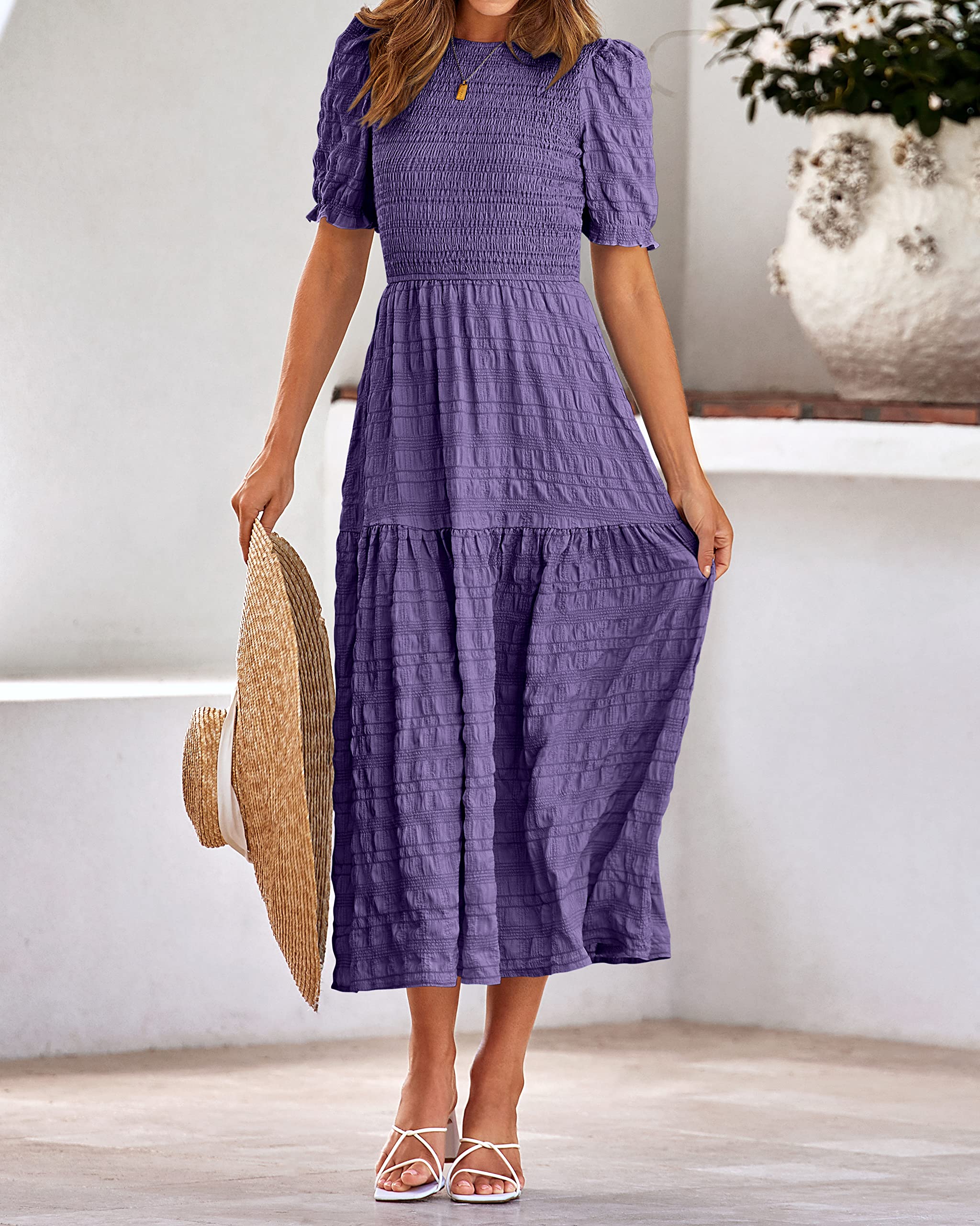 Dowerme Women's Summer Dresses 2025 - Casual Puff Short Sleeve Crewneck Smocked Flowy Ruffle Boho Maxi Sundress for Beach, Party & Vacation | Lightweight Comfortable Dress for Outdoor Activities