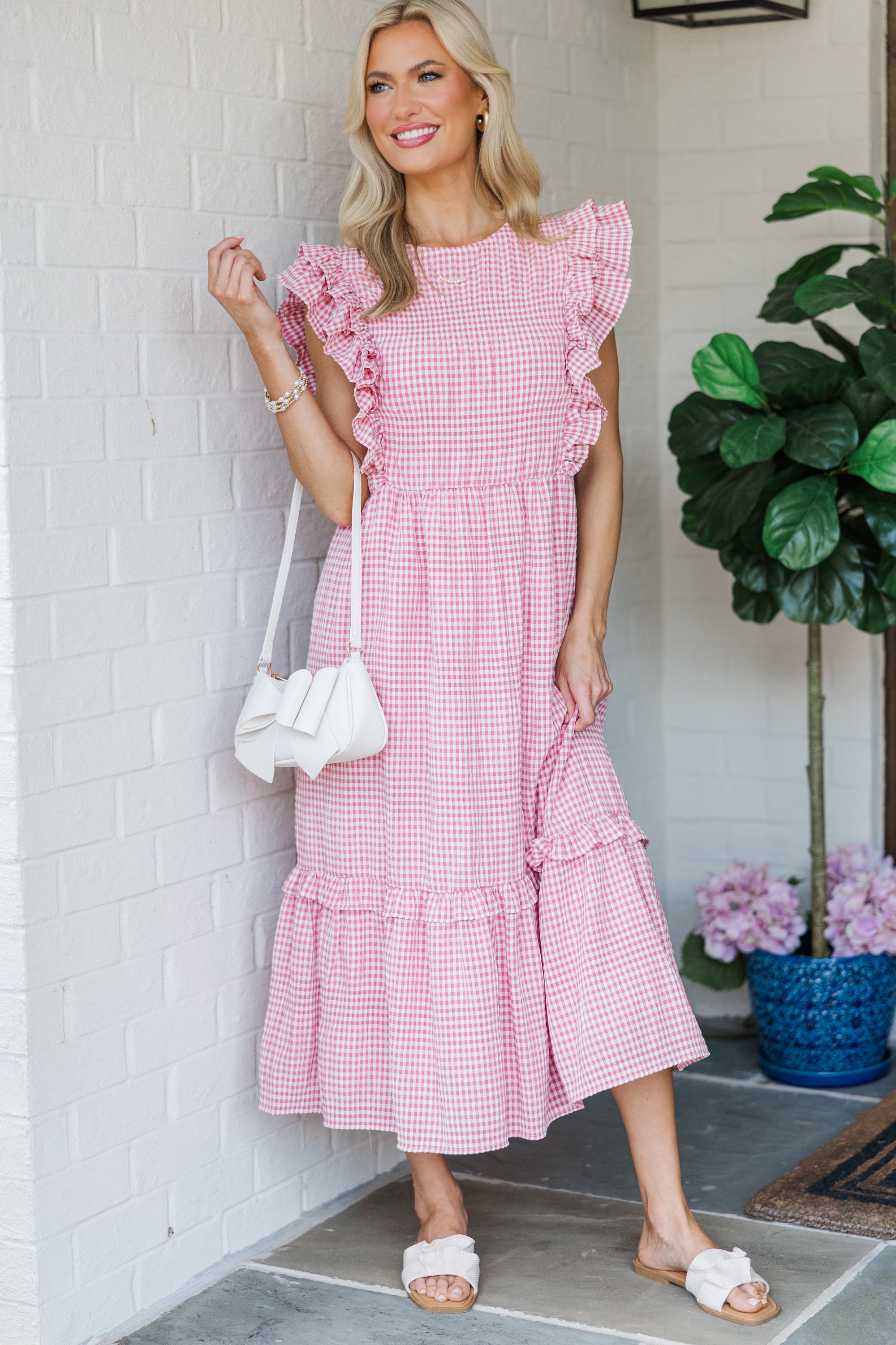 Pink Gingham Midi Dress for Women - Floral Print Summer Dress with Short Sleeves - Perfect for Beach Vacation, Brunch Date & Casual Outings