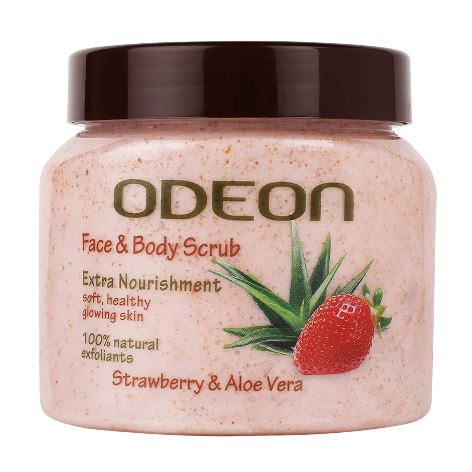 ODEON Strawberry & Aloe Vera Body Scrub 300ml - Natural Exfoliating Scrub for Tan Removal & Smooth Skin - Gentle Face & Body Scrub with Real Strawberries & Soothing Aloe Vera - Perfect for Post-Sun Care & Daily Skincare Routine