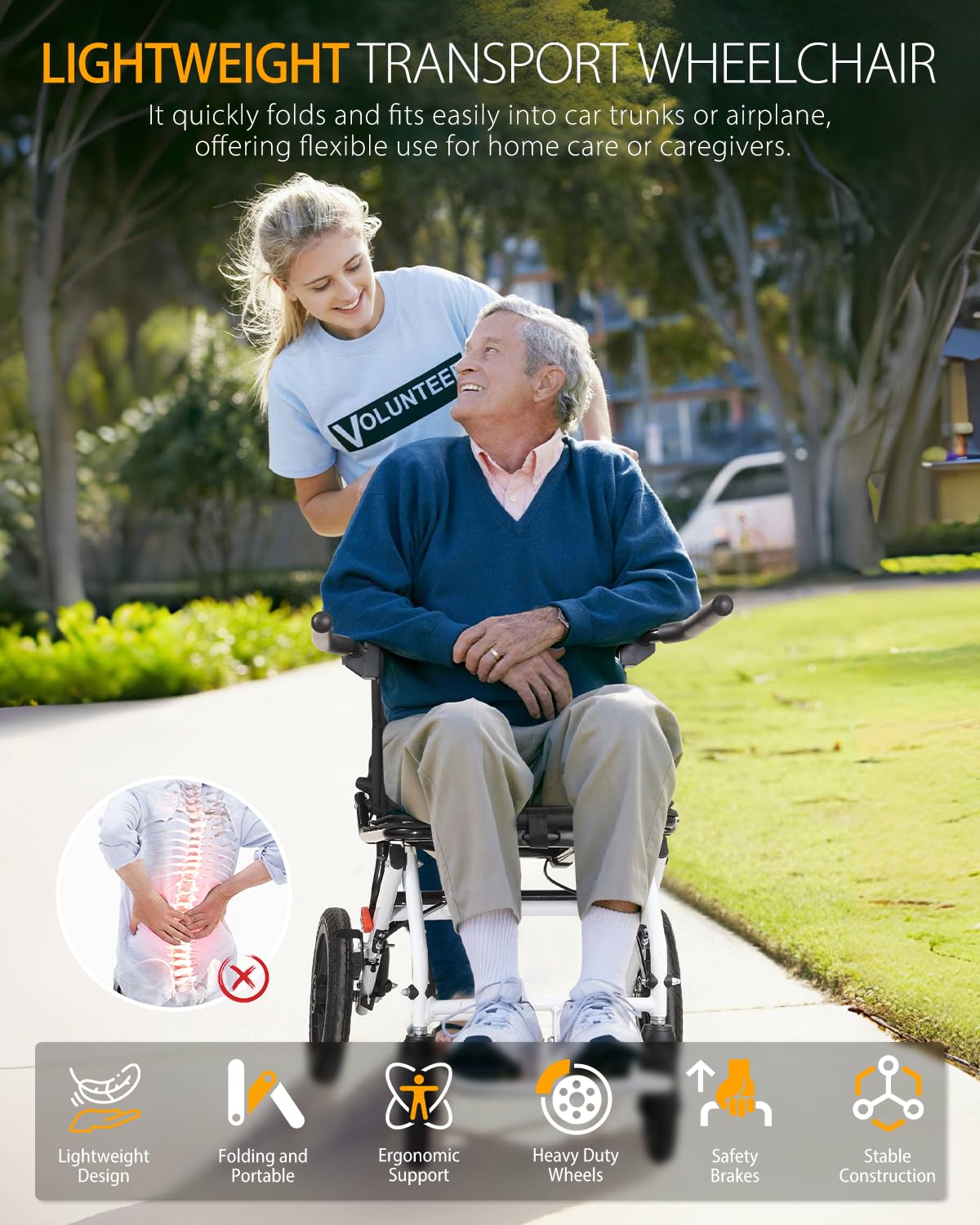 Lightweight Transport Wheelchair - Portable Folding Wheelchair with Extra-Wide Armrests & 10
