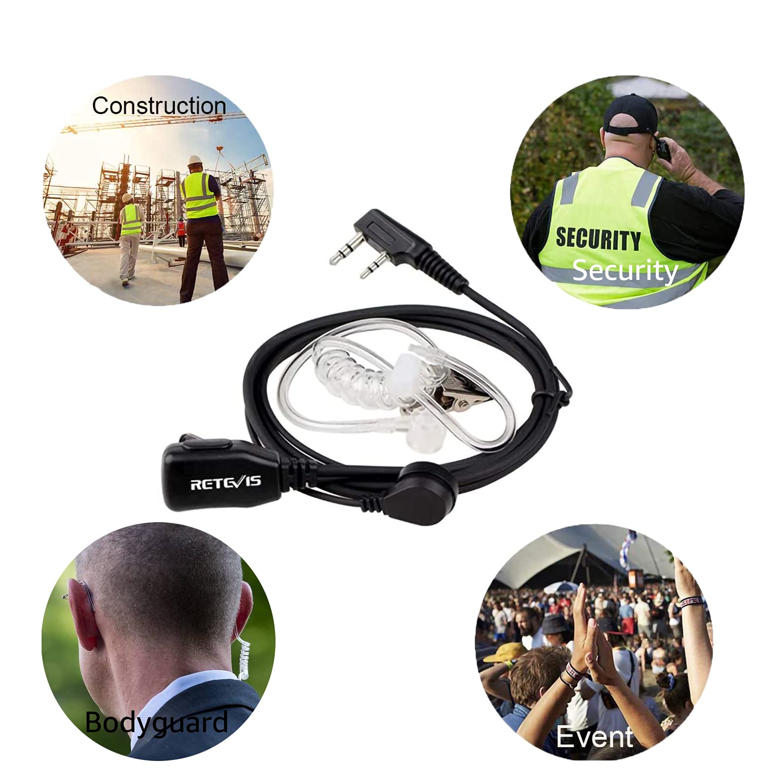 Retevis Walkie Talkie Earpiece with PTT Microphone - 3.5mm Transparent Headset Compatible with RT24 RT22 RT622 RT46 RT27 RT617 RT618 RT619 Baofeng BF-888S Kenwood Radios (5 Pack) - Ideal for Security, Construction, and Outdoor Communication