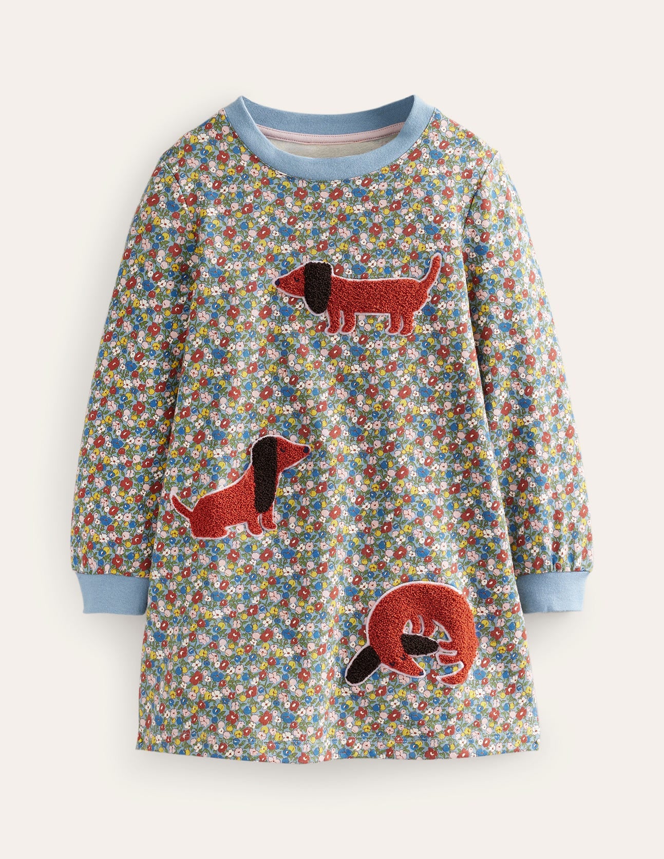 Floral Appliqué Sweatshirt Dress in Pebble Blue - Cute Dog Design for Casual Wear & Outfits