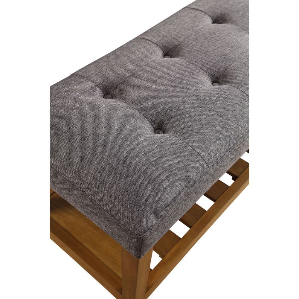 HomeRoots Rectangular Gray Padded Bench with Oak Finish Legs and Storage Shelf - Perfect for Entryway, Bedroom, or Living Room Seating and Storage