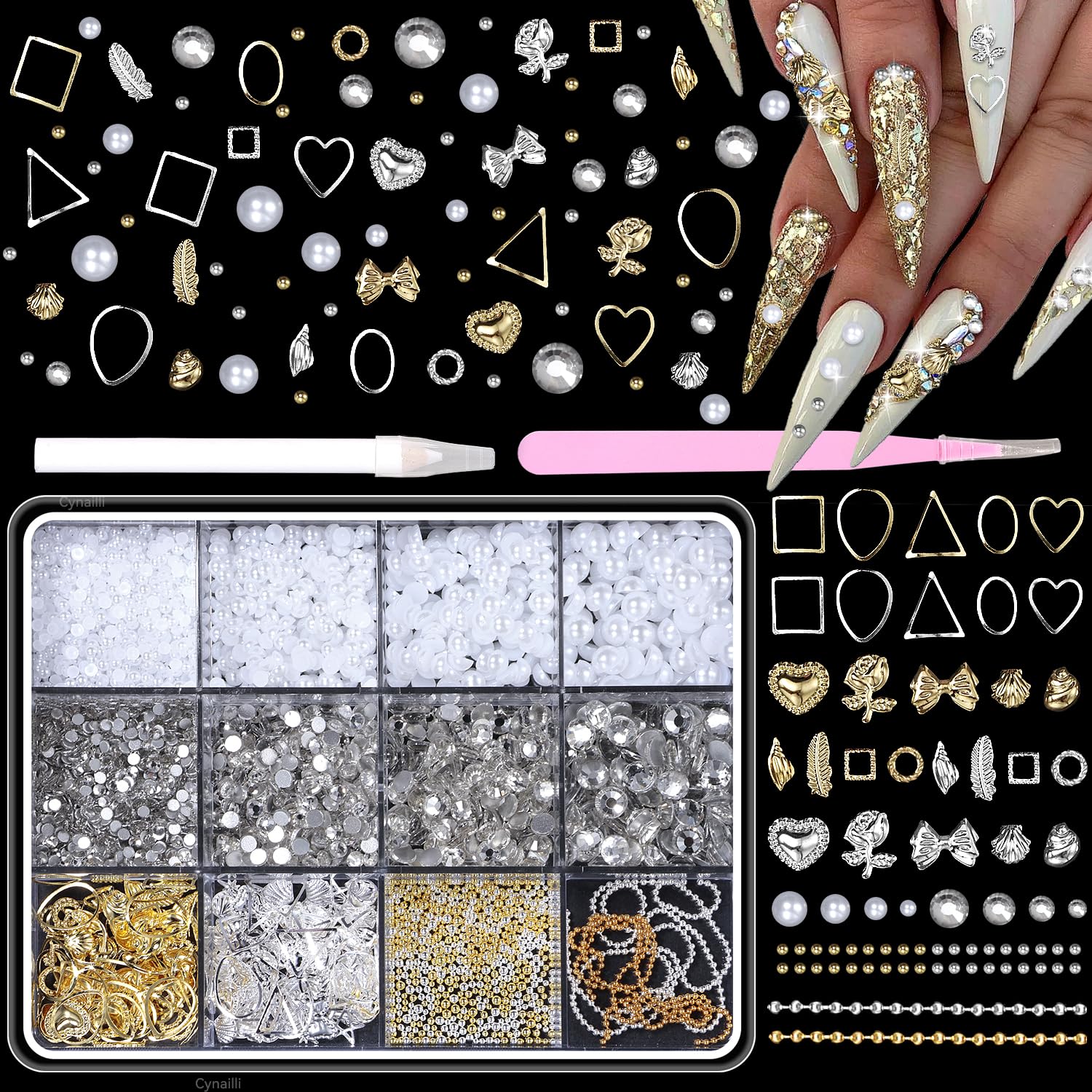 Premium White Nail Rhinestones & Pearls - Gold Silver Bow Heart Studs for Nail Art, 2-5mm Half Round Flatback Metal Caviar Beads - Perfect for DIY Manicures, Salon Nail Designs & Professional Nail Art Supplies