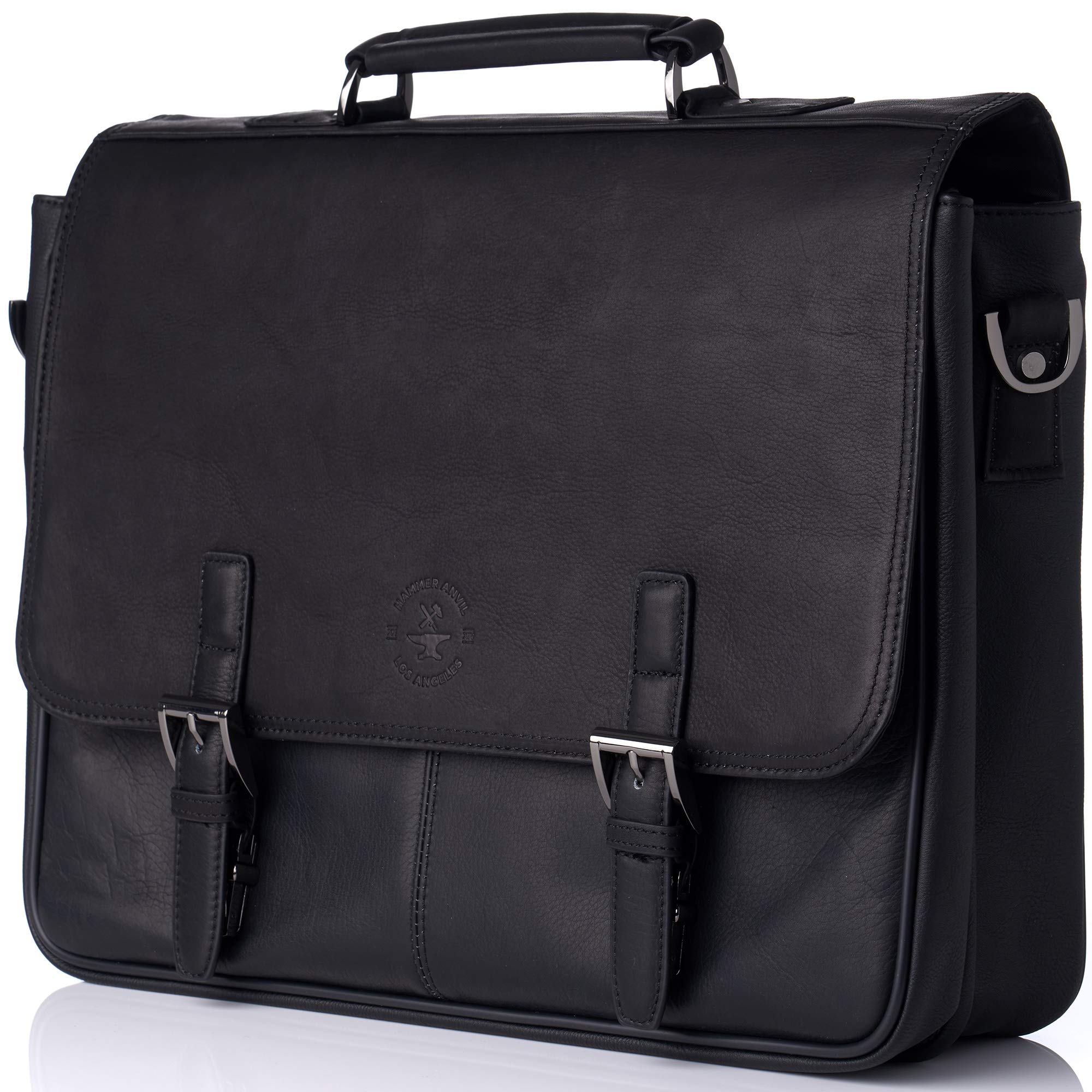 Premium Pierce Colombian Vacquetta Leather 15.6 Inch Laptop Briefcase for Business Professionals - Black Genuine Leather Messenger Bag for Office, Work, Travel & Daily Commute