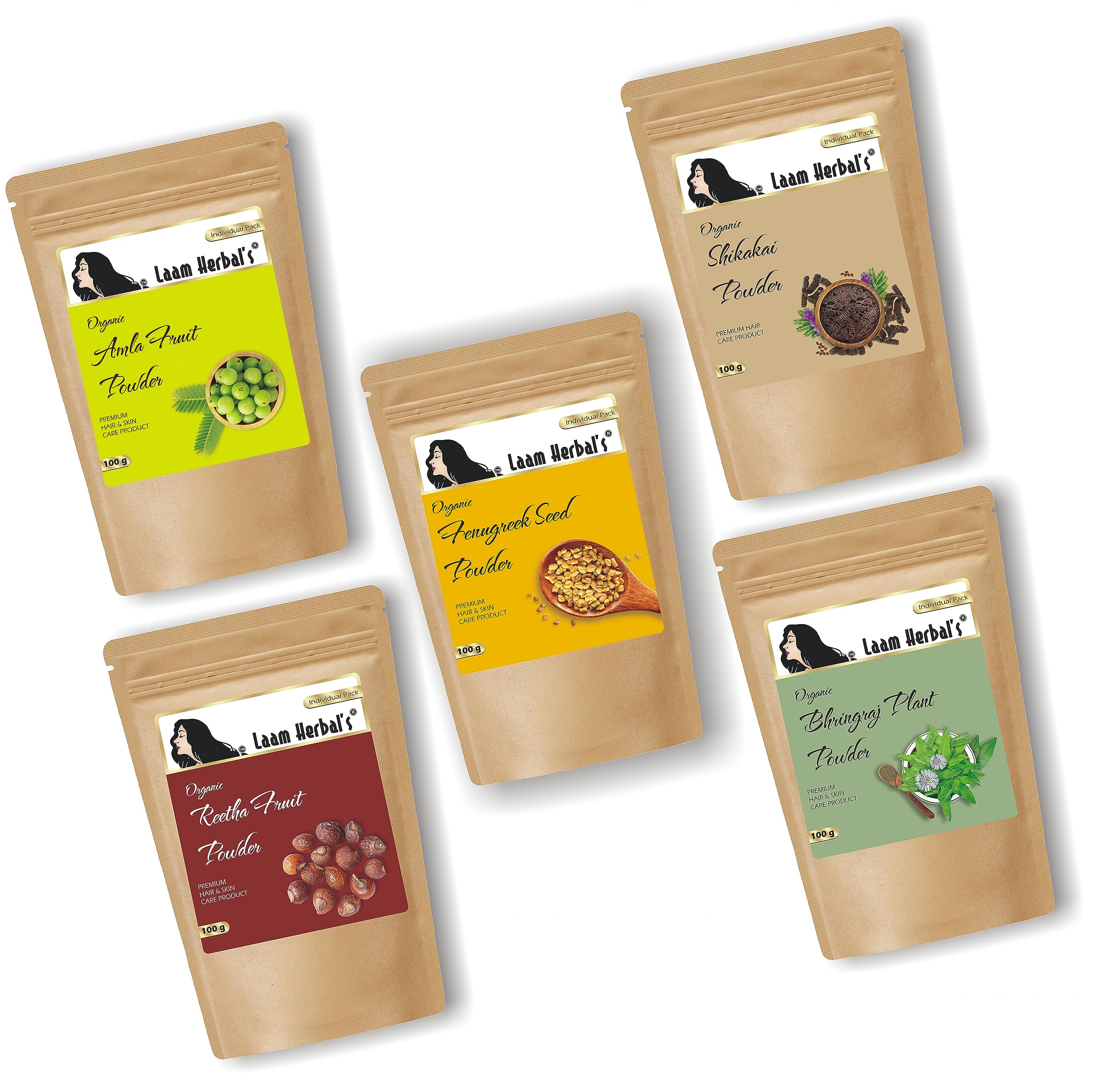 Laam Herbals Amla, Reetha, Shikakai, Bhringraj & Methi Powder - 100% Pure Natural Hair Care Treatment | Herbal Hair Mask & Dry Shampoo for Long Strong Hair Growth | Vegan Ayurvedic Solution for Damaged Hair & Scalp Health (5 x 50g Pack) | Perfect for Daily Hair Wash & Deep Conditioning at Home