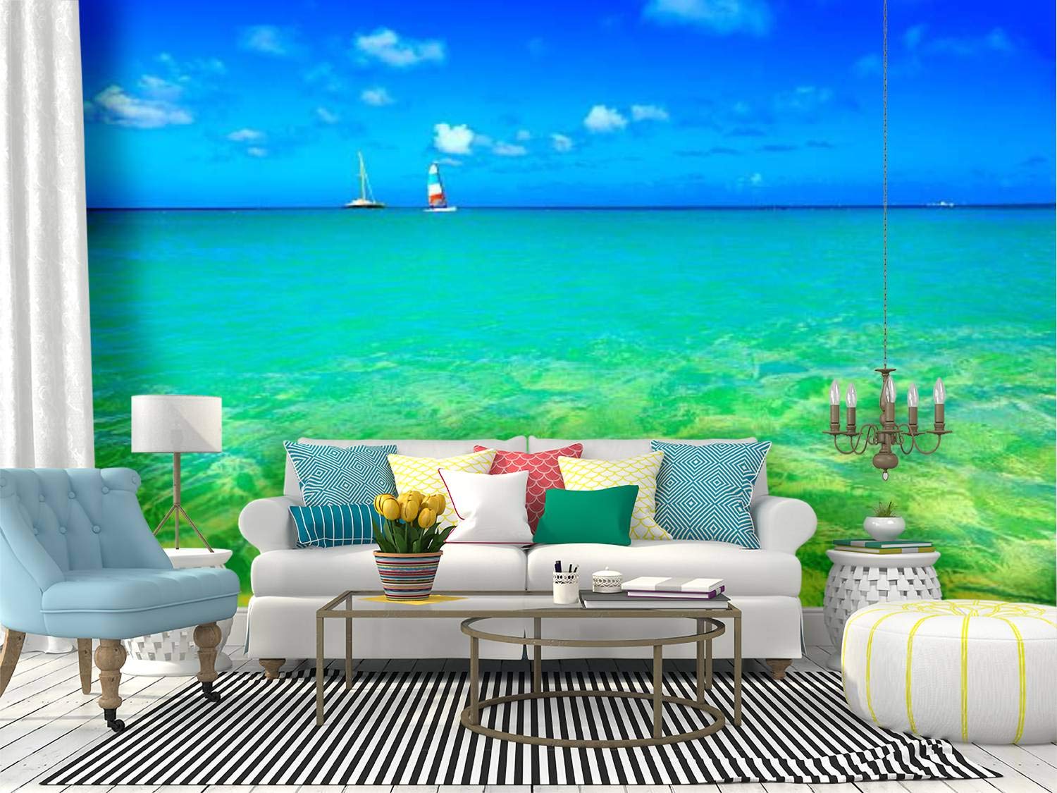 Aruba Caribbean Beach Wall Mural - Peel and Stick Self-Adhesive Wallpaper with Boats Scenic Design, Large Removable Vinyl Film Roll for Home Decor | Perfect for Living Room, Bedroom, and Office Wall Accent