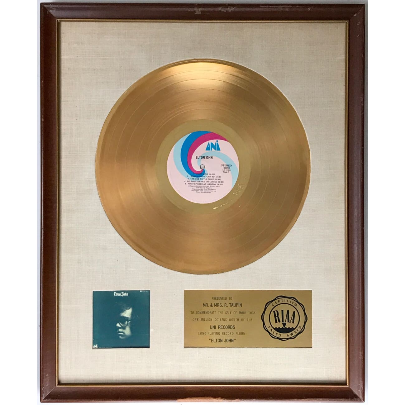 Elton John 1970 Debut RIAA Gold LP Award - Rare Collectible Vinyl Record for Music Enthusiasts | Perfect for Display in Home Theater, Music Room or Collector's Showcase