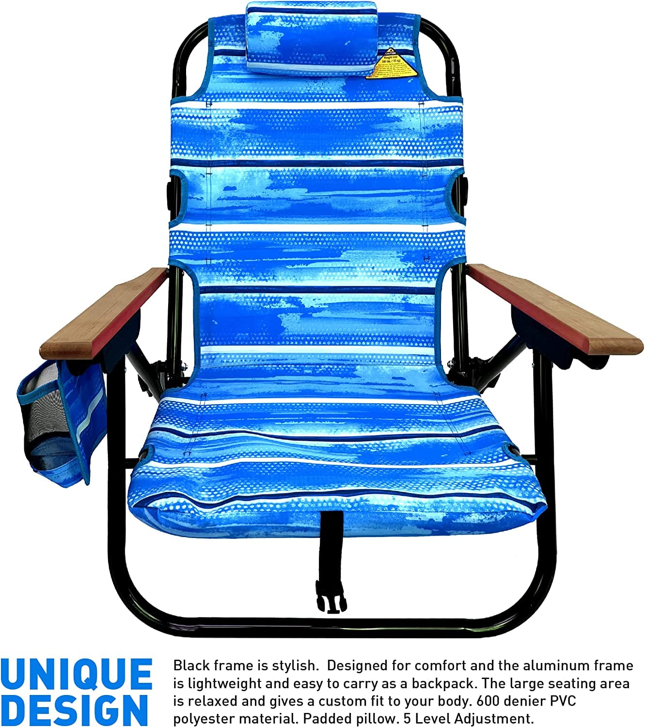 Lightweight Rustproof Aluminum Beach Chair with 5 Reclining Positions - Backpack Design, Side Cup Holder & Storage Pouch, Padded Pillow - Portable Folding Chair for Beach, Camping, Picnics & Outdoor Activities (2 Pack, Pink & Blue)