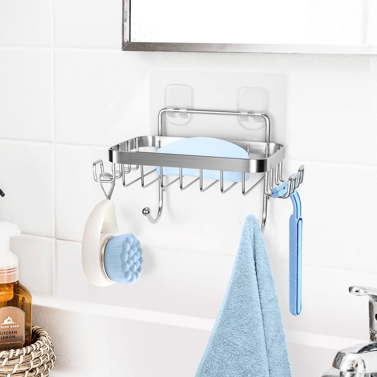 ODesign Adhesive Wall Mounted Soap Dish Holder with 6 Hooks - Loofah, Bath Sponge, Towel & Razor Organizer for Bathroom, Shower & Kitchen - No Drilling Required (Silver, 1 Pack) - Perfect for Small Space Organization & Clutter-Free Showers