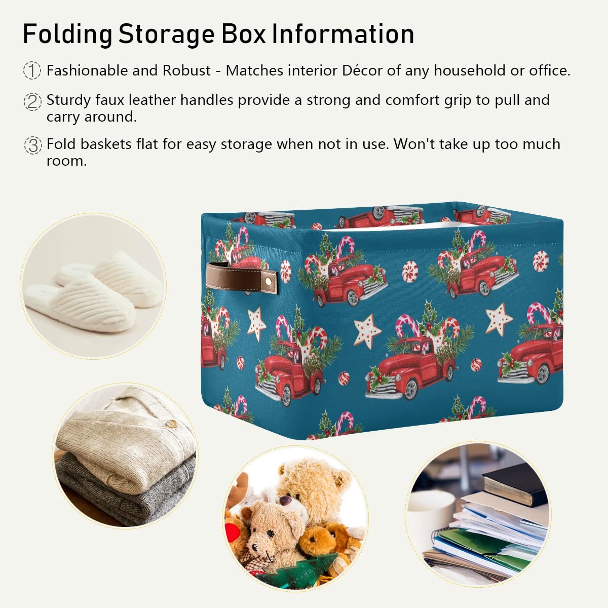 Christmas Toy Model Truck Collapsible Storage Bin - Waterproof Canvas Rectangle Basket with Handles for Nursery Toys, Books & Home Organization | Perfect for Closet Shelves, Bedroom, Living Room & Holiday Decor