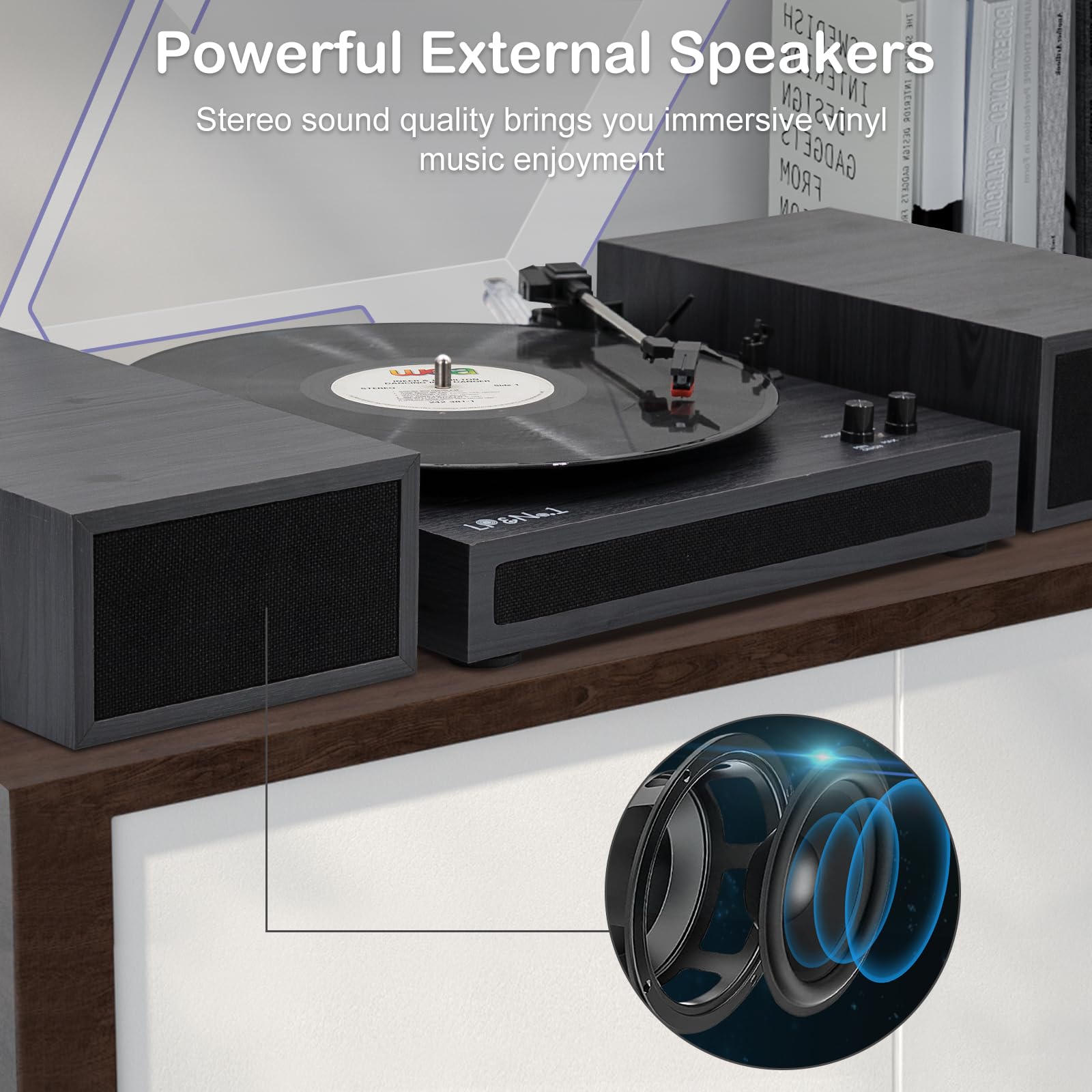 LP&No.1 Vintage Wood Finish 3-Speed Belt-Drive Turntable with Stereo Bookshelf Speakers - Wireless Input, RCA Output, Auto Stop | Black Gray - Perfect for Home Entertainment & Vinyl Collection Display