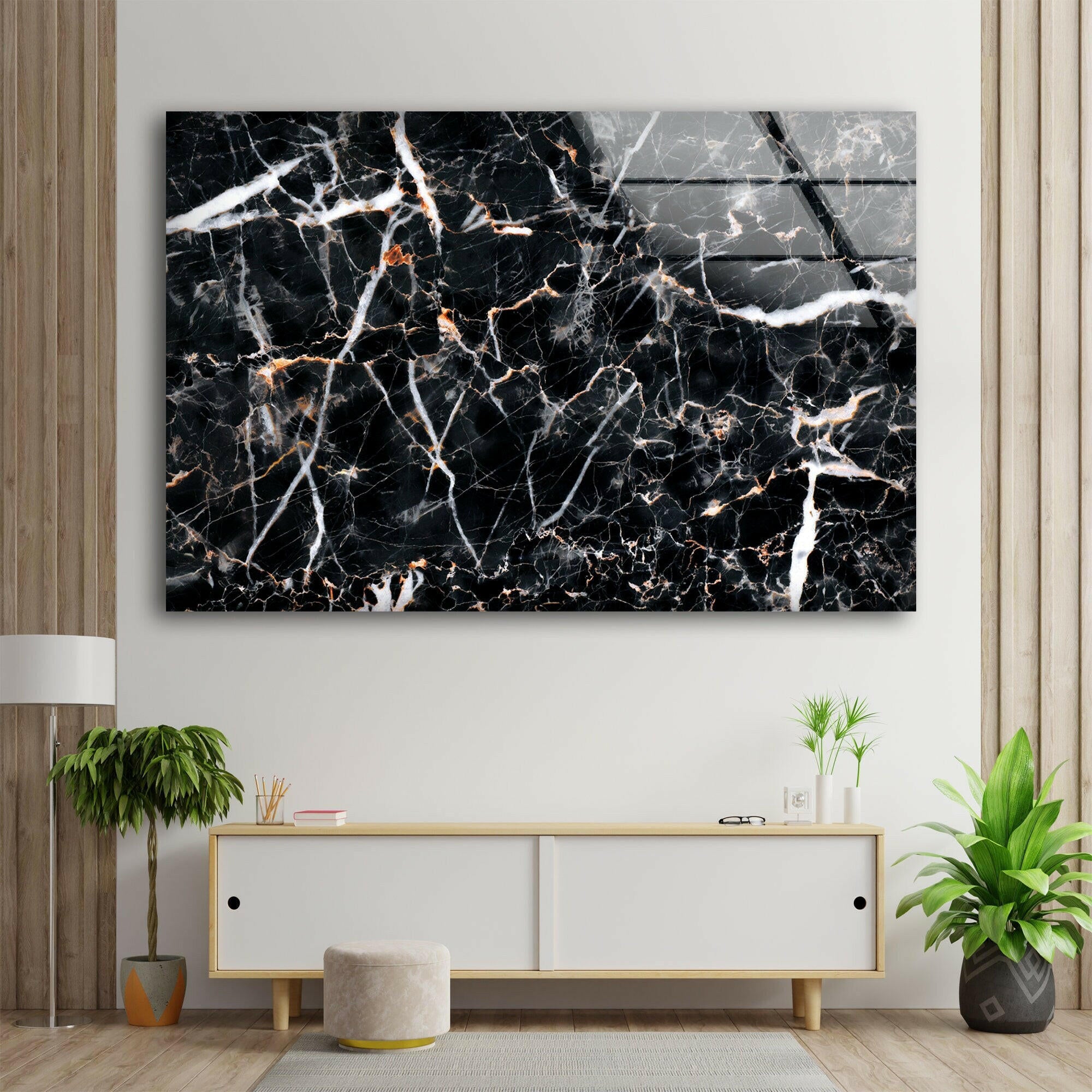 Black Abstract Marble Decor Glass Wall Art - Modern Home & Office Wall Decor for Living Room, Bedroom, Kitchen | Unique Handmade Glass Artwork for Interior Design