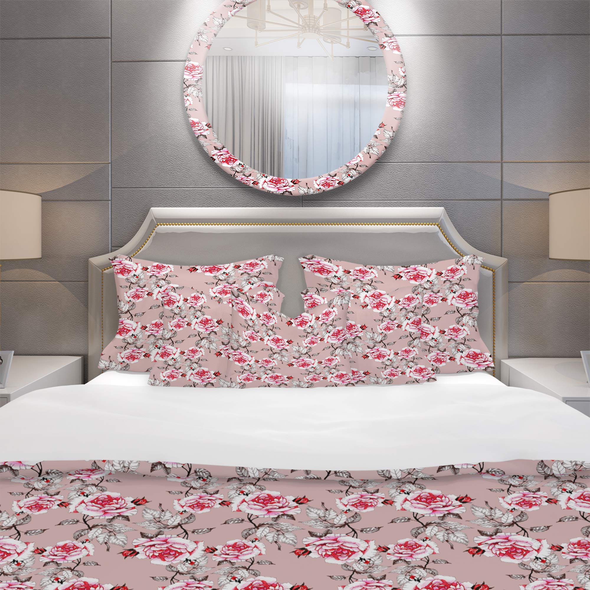 DesignQ Red Rose Pink Background Nautical Coastal Duvet Cover Set - King Size Floral Bedding 3-Piece All Season Comforter Set | Perfect for Beach House, Coastal Decor & Master Bedroom