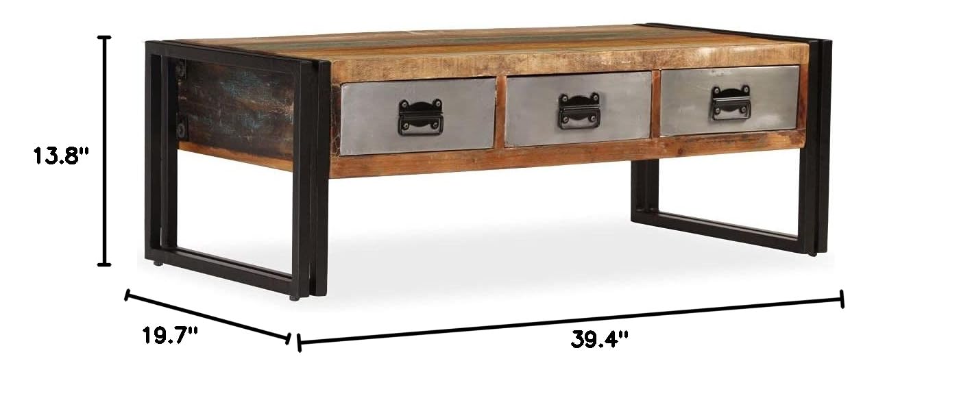 Industrial Coffee Table with 3 Drawers - Solid Reclaimed Wood Cocktail Table, 39.4