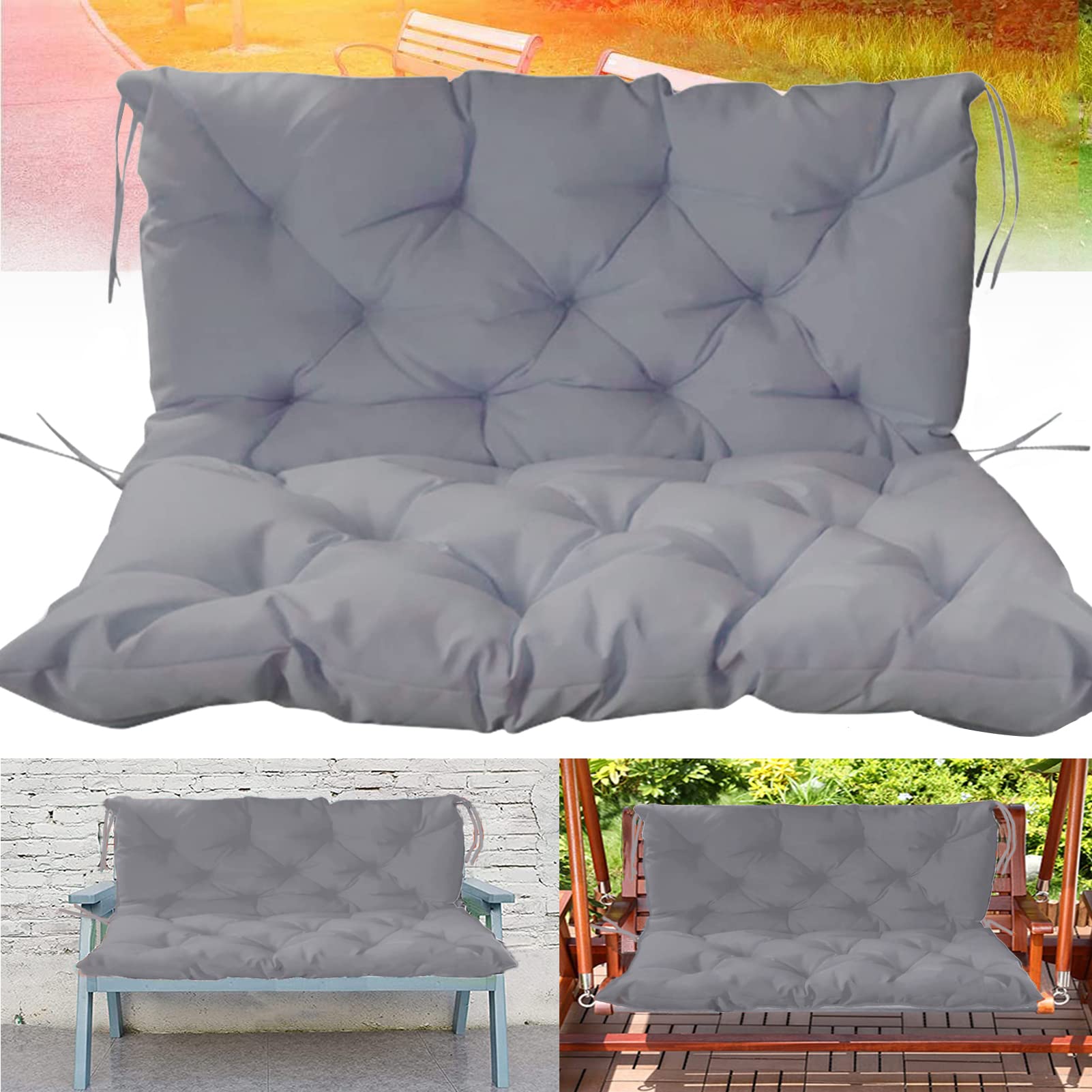 2 Seater Outdoor Glider Cushions Replacement - Waterproof Thick Bench Cushion for Porch Swing with Backrest Ties (40x40 Inch, Light Grey) - Perfect for Garden, Patio, Deck & Backyard Relaxation