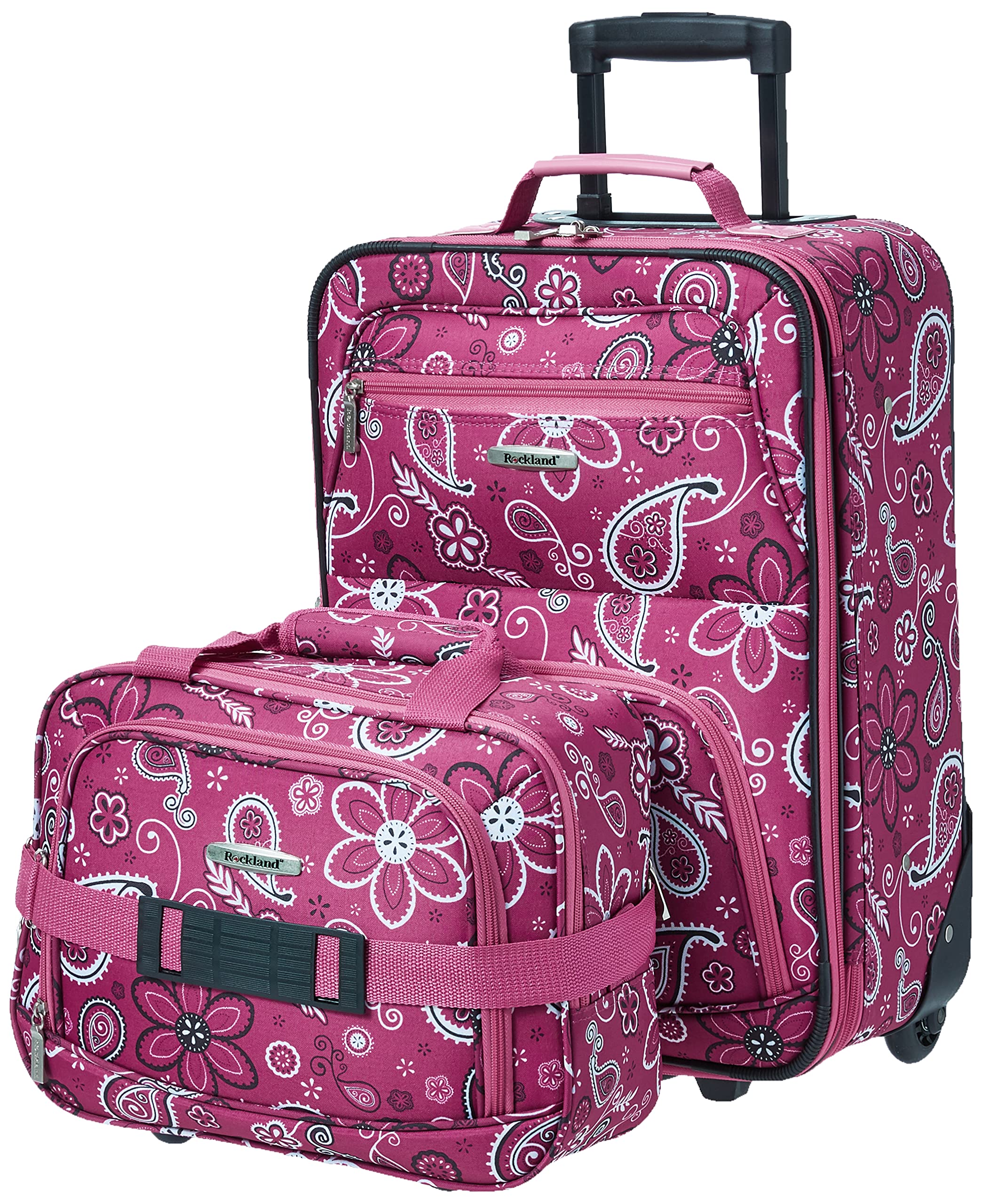 Rockland Fashion Softside Expandable Upright Luggage Set with Wheels & Telescopic Handle - 2-Piece (14/19) Pink Bandana Print - Perfect for Travel, Business Trips & Vacations