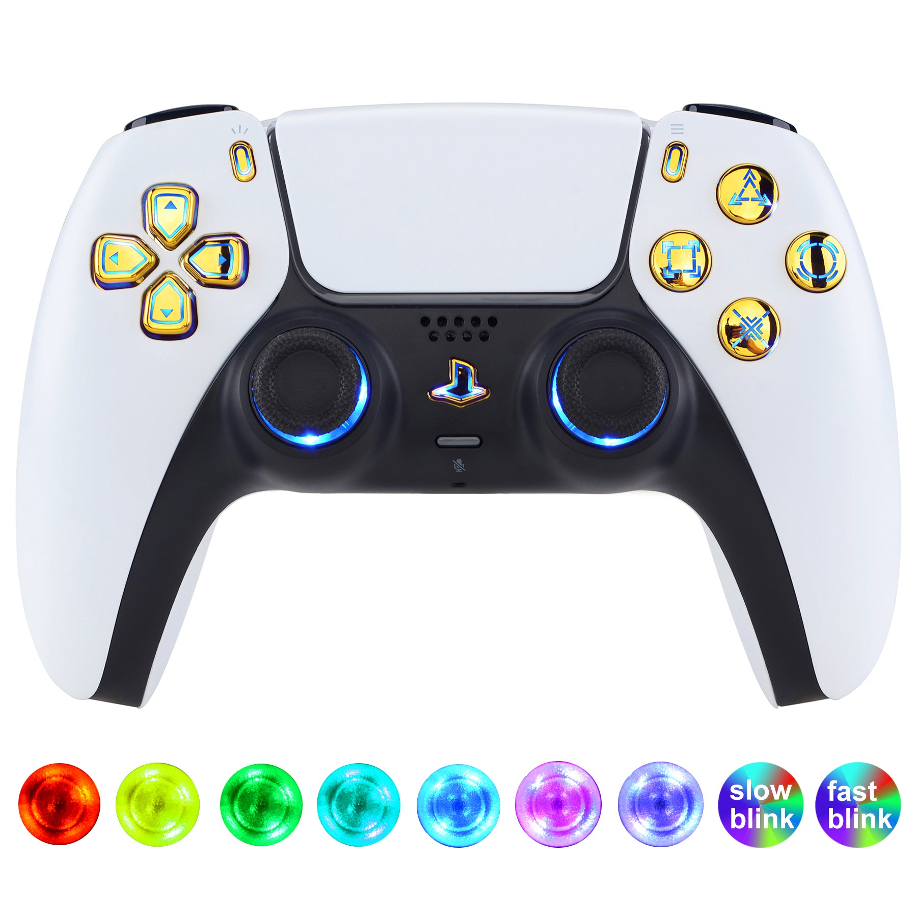 eXtremeRate Chrome Gold LED Buttons Kit for PS5 Controller BDM-030/040/050 - Multi-Color Illuminated DTF V3 Upgrade with Custom Lighting Effects | Perfect for Gaming, Streaming & Night Play