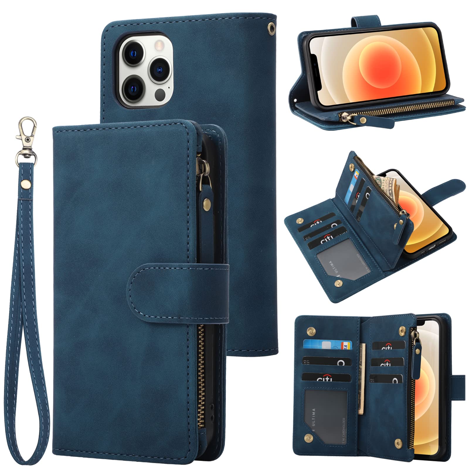 Premium PU Leather Zipper Wallet Case for iPhone 12 Pro Max (6.7 inch) - RFID Blocking, Magnetic Closure, Built-in Kickstand & Wrist Strap | Protective Phone Cover for Everyday Use, Travel & Business (Blue)