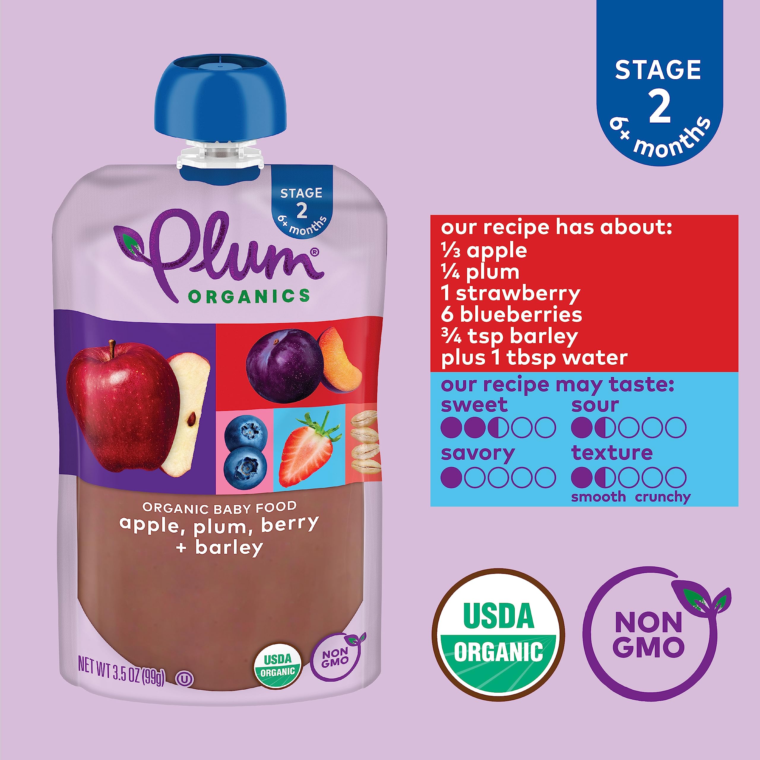 Organic Baby Food Pouch - Plum Organics Stage 2 with Apple, Plum, Berry & Barley - 3.5 oz (Pack of 12) | USDA Certified Organic Fruit & Veggie Puree for Babies 6+ Months | Perfect for On-the-Go Feeding, Travel & Snack Time
