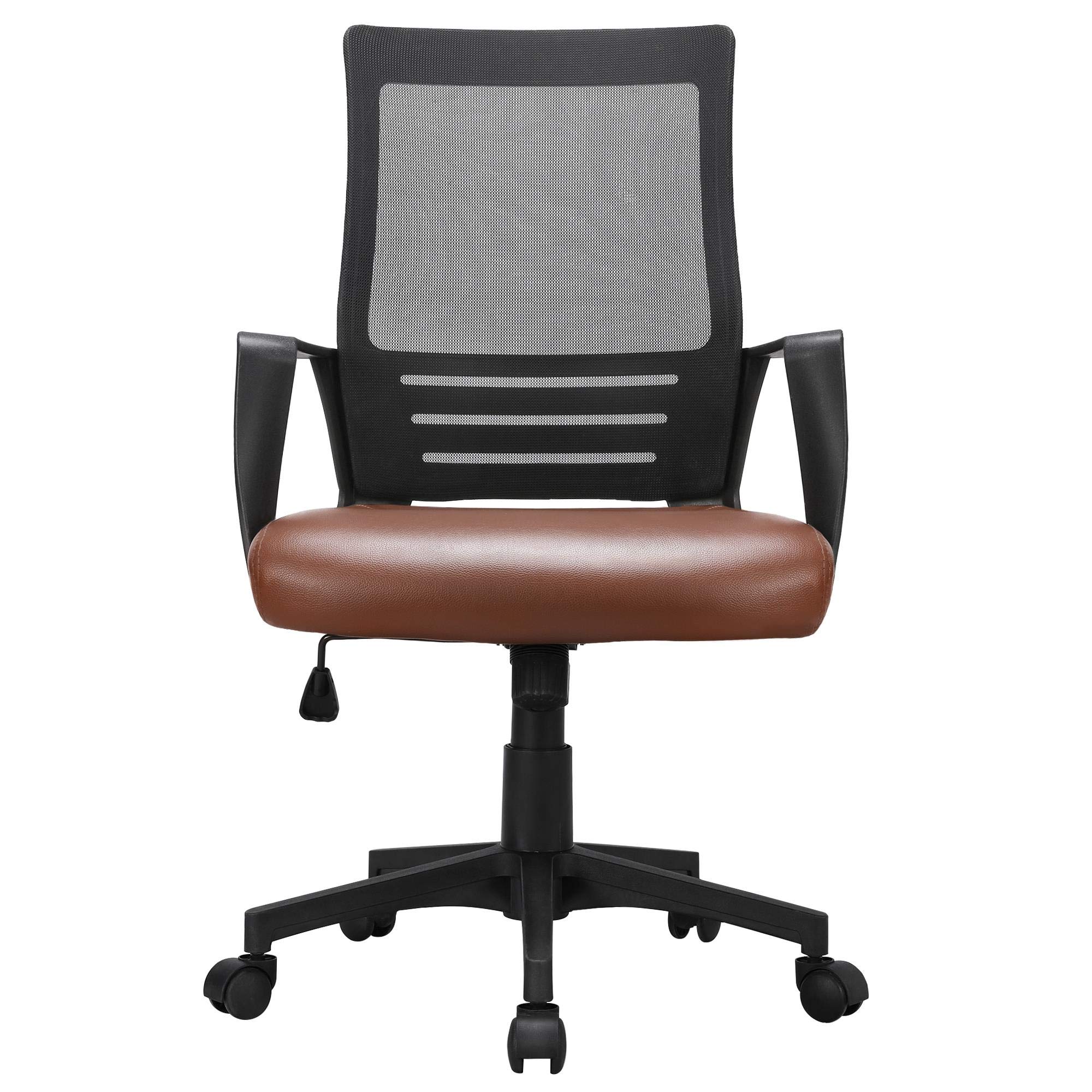 Yaheetech Ergonomic Mid Back Mesh Office Chair with PU Leather Seat - Adjustable Height Executive Computer Task Chair with Armrests & Lumbar Support for Home & Office - Brown