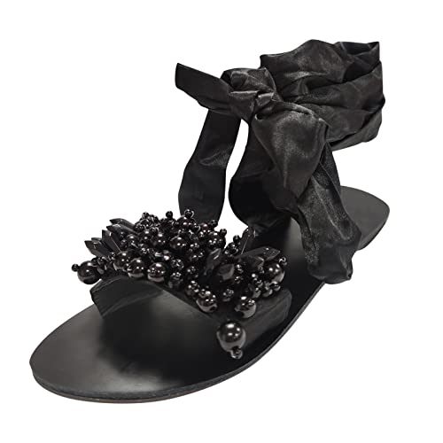 Women's Beaded Comfortable Cross Strap Flats - Casual Beach Sandals with Open Toe for Summer | Perfect for Vacation, Walking, and Outdoor Activities