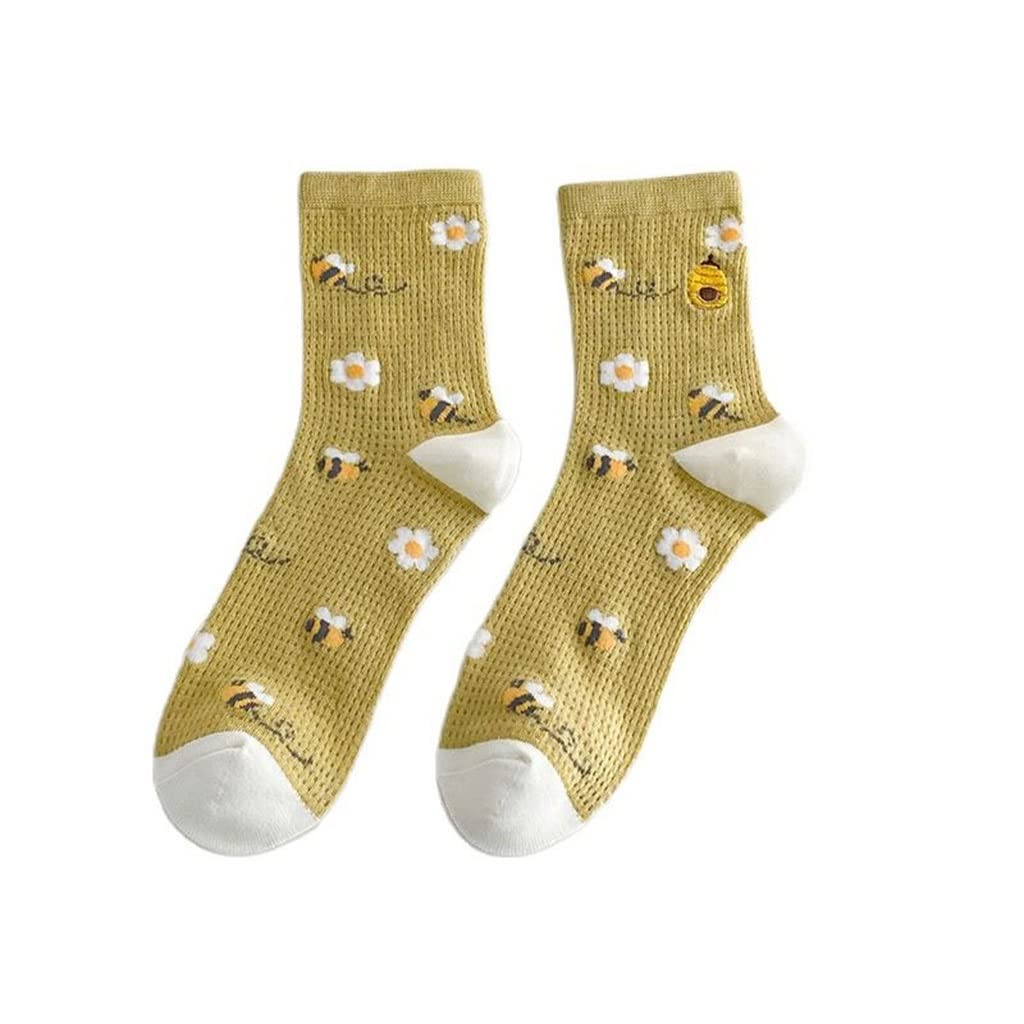 3 Pairs Women's Summer Thin Mid-Tube Socks - Cute Embroidery Cartoon Mesh Breathable Cotton Socks for Girls (Size 36-40, Color A) | Perfect for Casual Wear, School, Sports and Daily Outfits