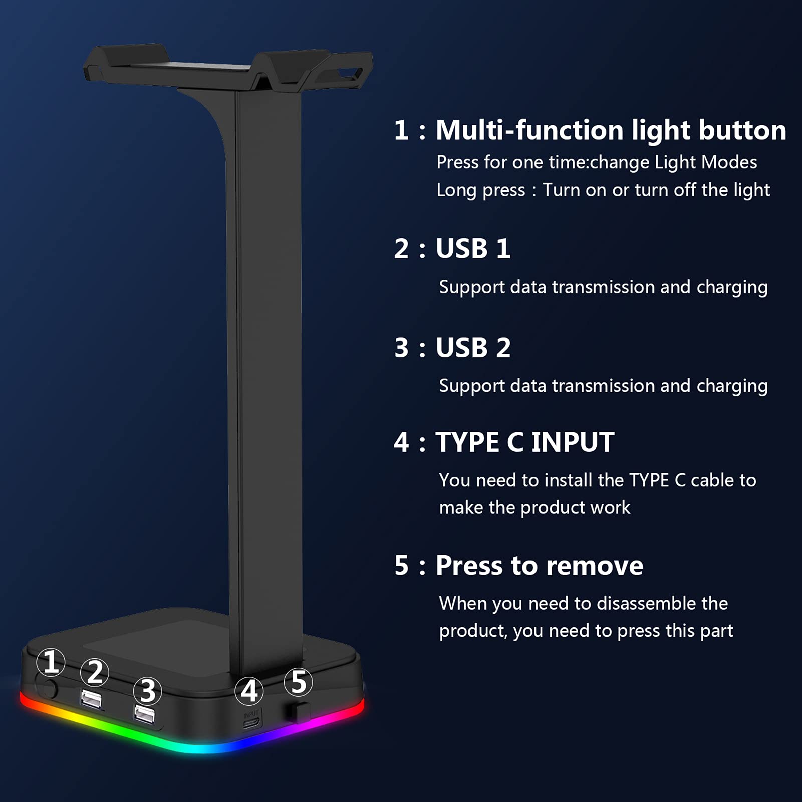 Irishom RGB Gaming Headset Stand with 2 Lighting Modes & Dual USB Ports - Headphone Holder for PC, PS5, Xbox - Perfect for Gaming Setup & Office Desk Accessories