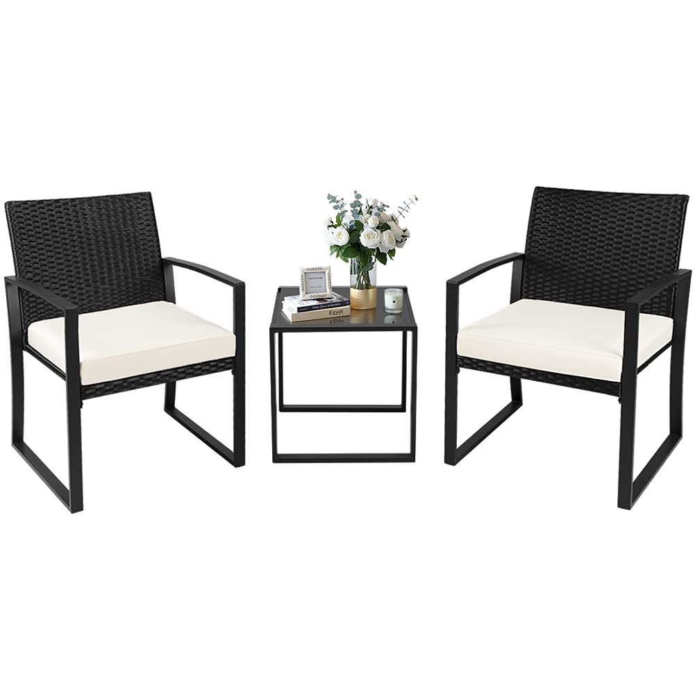 Crownland 3-Piece Outdoor Patio Furniture Set - Wicker Rattan Bistro Chairs with Thickened Cushions & Glass Coffee Table - Perfect for Backyard, Porch, Poolside, Lawn, Garden or Balcony (Beige)