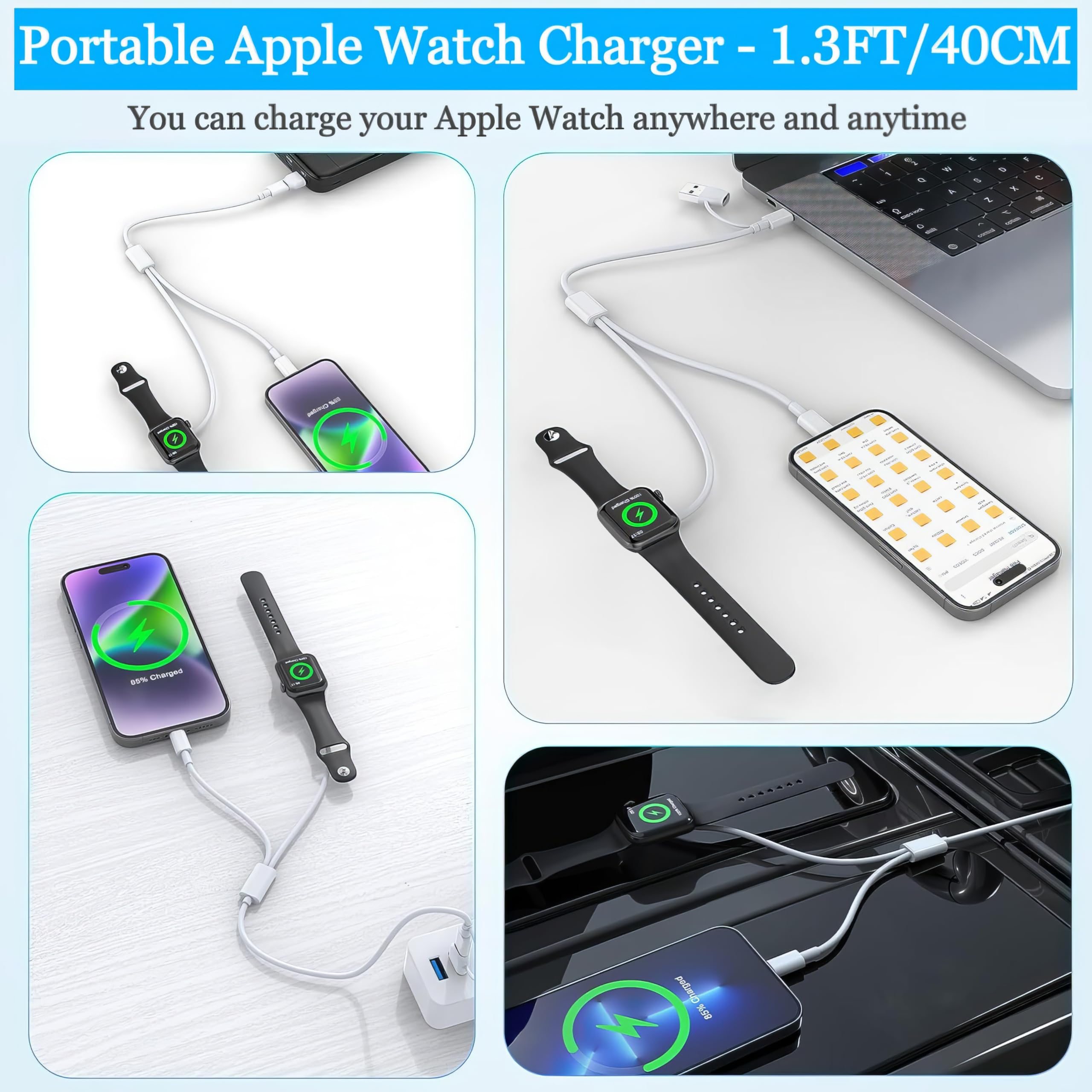 3-in-1 Magnetic Charging Cable for Apple Watch, iPhone & AirPods - Portable Fast Charger Compatible with iWatch Series 10/Ultra 2/SE 2/9/8/7/6/5/4/3/2/1, iPhone 14/13/12/11/Pro/Max/XS/X, iPad & MacBook - 1.3ft/40cm - Perfect for Travel, Office & Home Charging