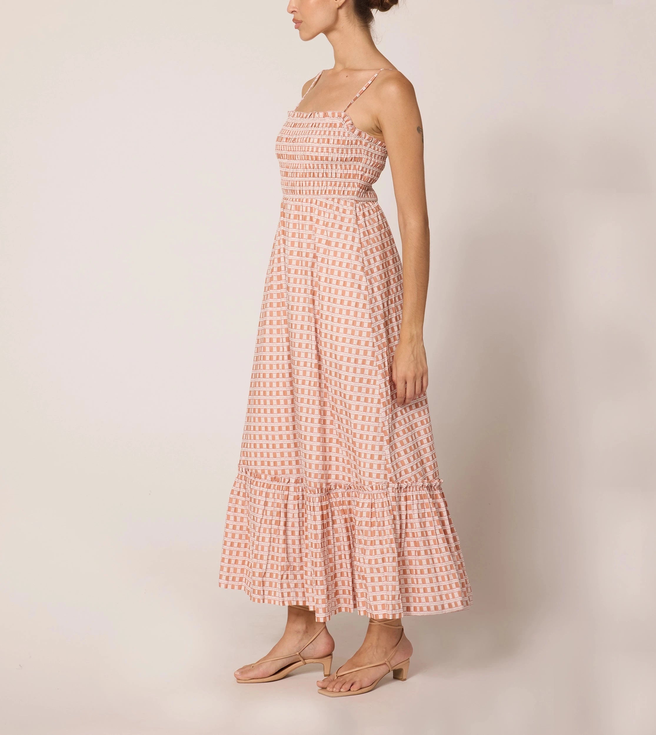 Magnolia Ankle Dress - Bellini Plaid Floral Print Women's Midi Dress | Perfect for Spring Weddings, Garden Parties & Date Nights