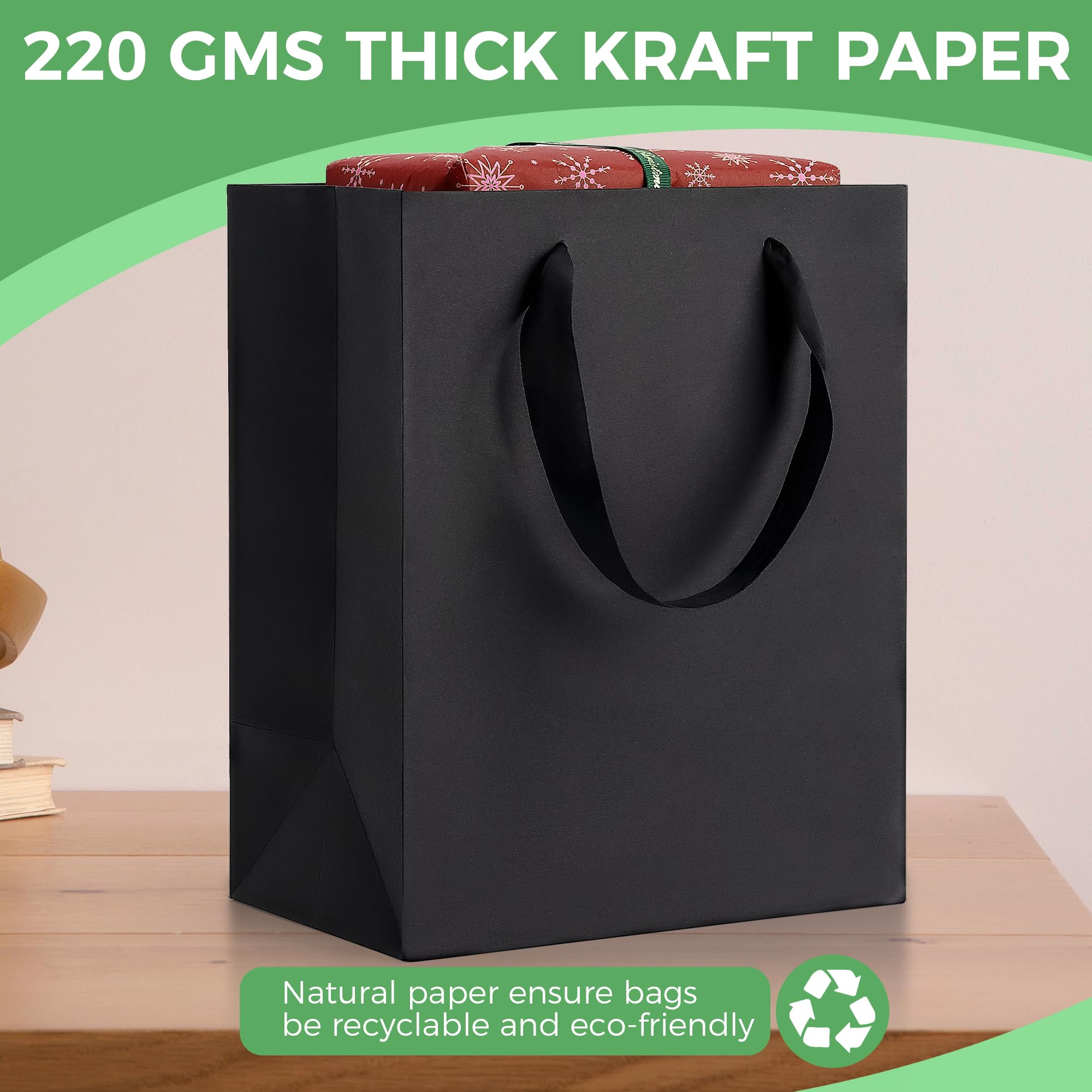Black Gift Bags with Handles - 8x5x10 Inch 6 Pack Medium Paper Bags Bulk for Party, Shopping, Wedding, Birthday, Graduation & Father's Day | Perfect for Gift Wrapping, Retail Packaging & Event Favors