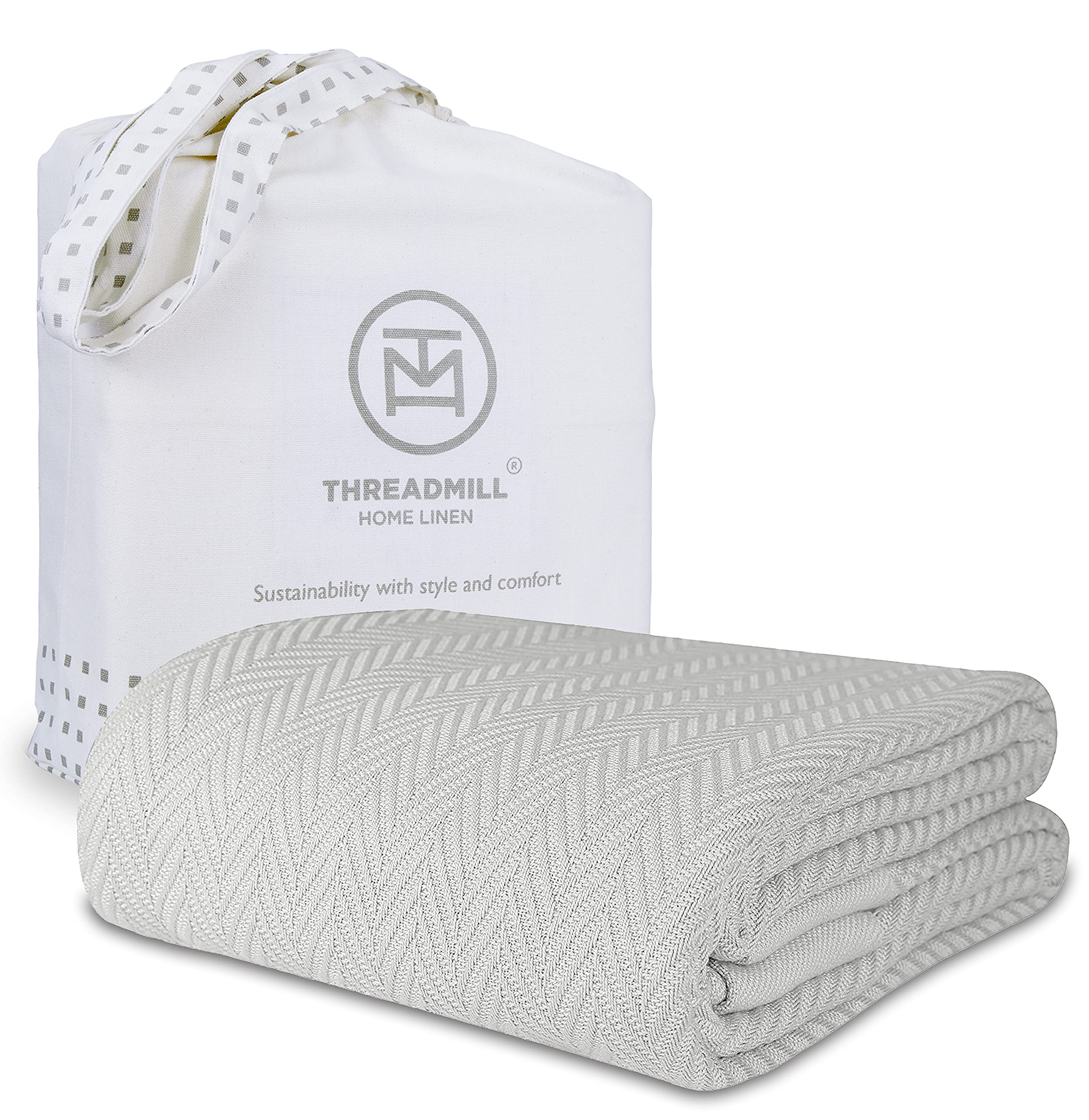 Premium 100% Cotton Twin Size Blanket - All-Season Soft & Cozy Herringbone Weave Thermal Blanket (350GSM, 68x90 inches, Light Grey) | Luxury Bedding for Home, Dorm, Guest Room & Cozy Fall Nights
