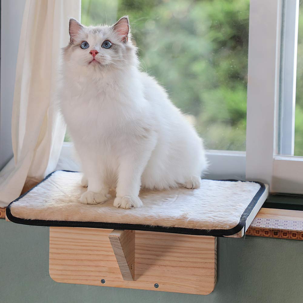 Premium Cat Window Perch for 2 Cats - Natural Wood Cat Bed with Removable Fleece Cushion, Space-Saving Window Seat for Indoor Cats - Perfect for Sunbathing & Bird Watching
