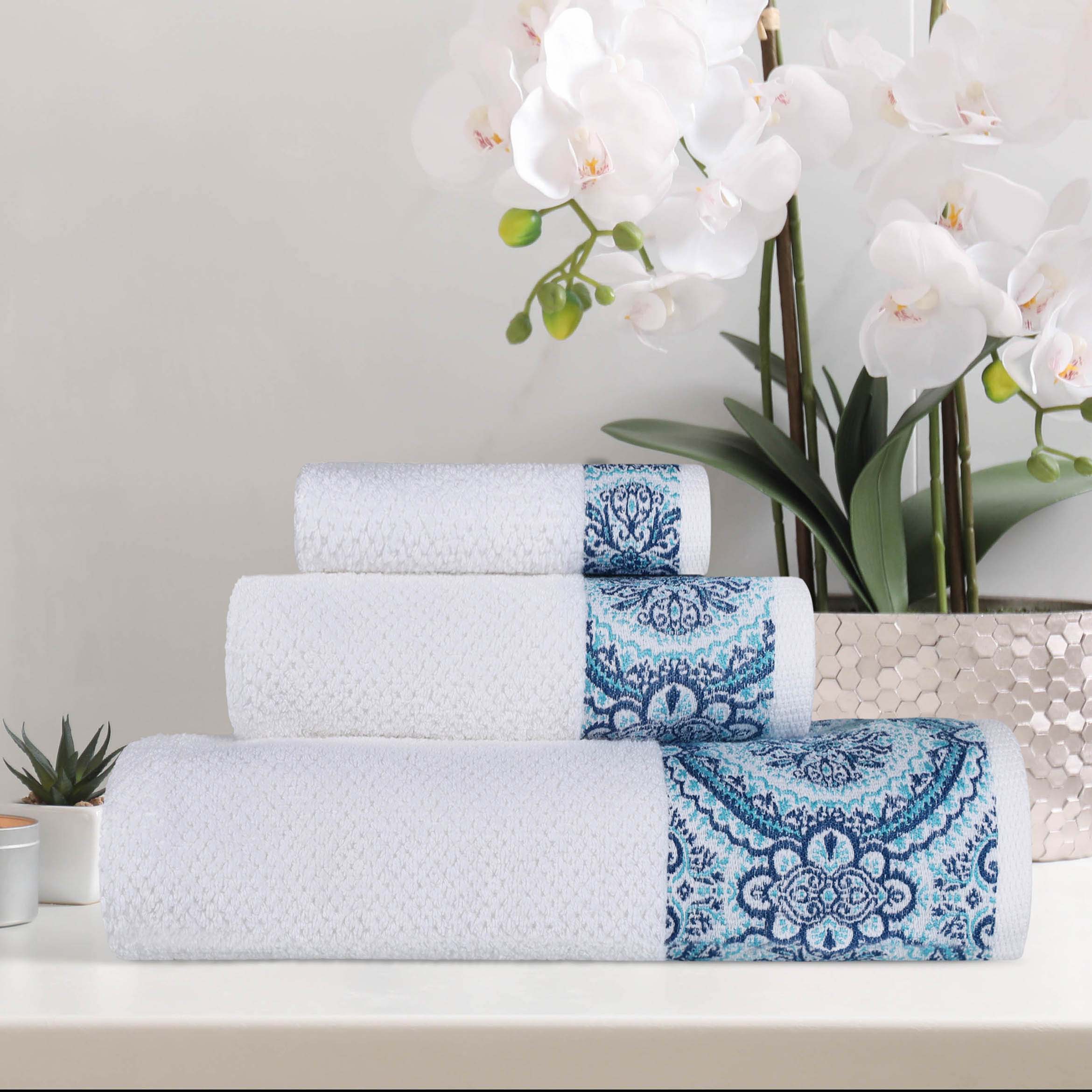 Premium Medallion Cotton Jacquard Textured 3-Piece Bath Towel Set - Soft & Absorbent Luxury Towels for Spa, Bathroom & Guest Use