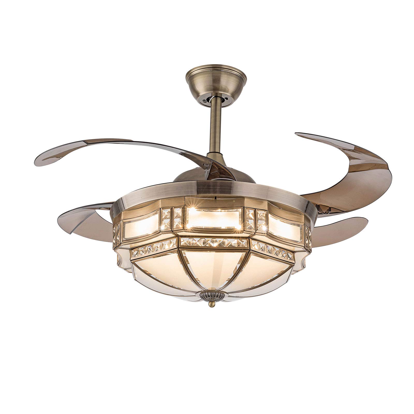 Modern Ceiling Fan with Remote Control - 42 Inch Invisible Retractable Blades, 3-Color LED Light Chandelier (36W) - Perfect for Living Room, Bedroom, and Dining Room Decor