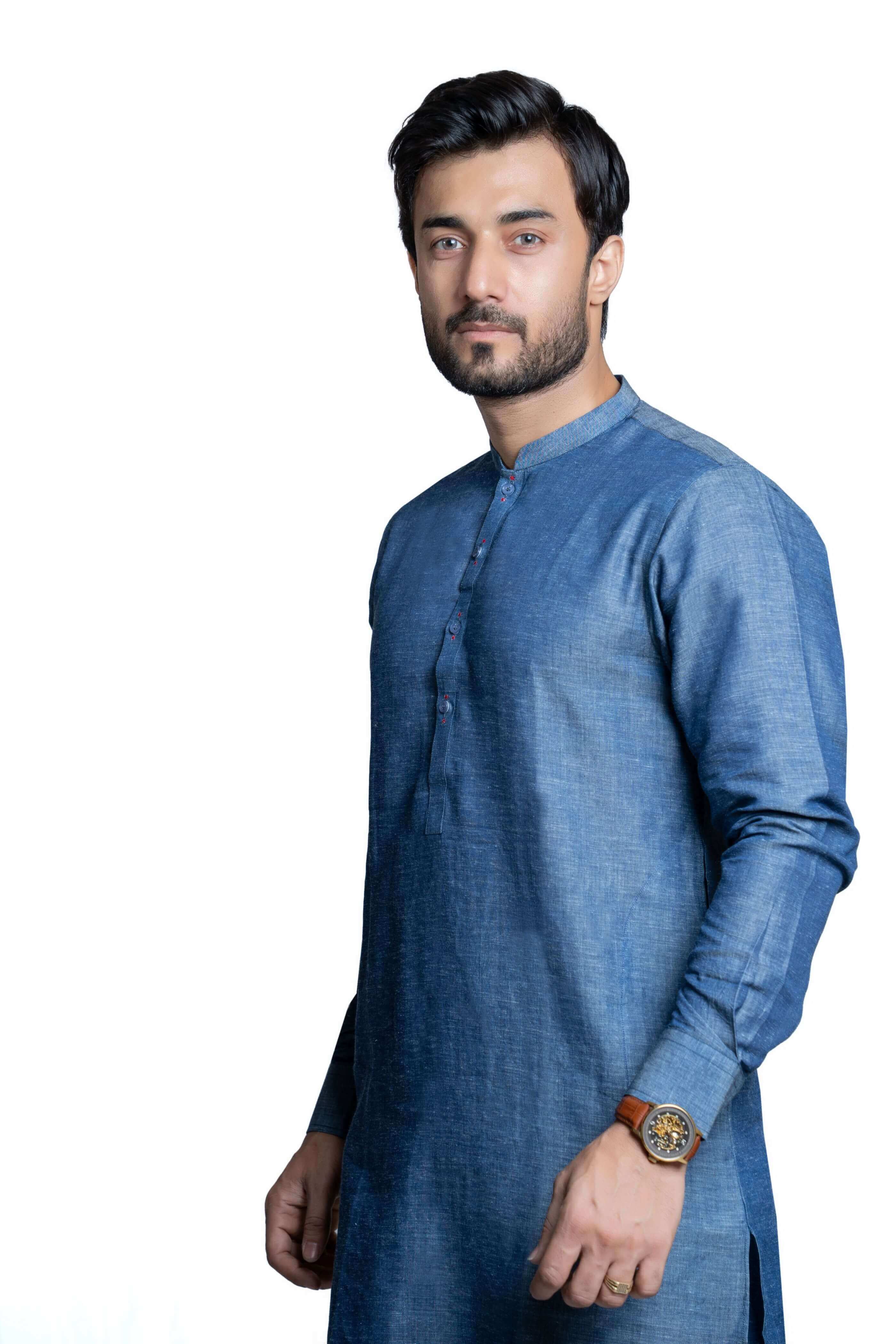 Elegant Blue Tensile Linen Kurta Pant Set - Classic Fit Indian Ethnic Wear for Men, Perfect for Festivals, Weddings & Casual Outings