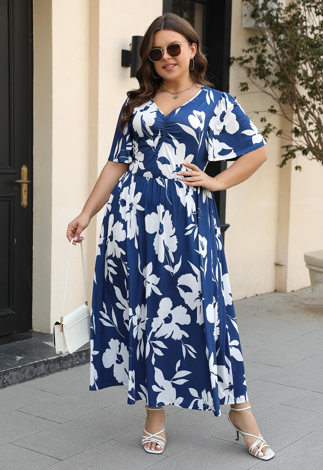 Keluummi Plus Size Wedding Guest Maxi Dress for Women - Floral 3/4 Sleeve Empire Waist Long Dress - Summer Casual Church, Garden Party & Special Occasion Outfit